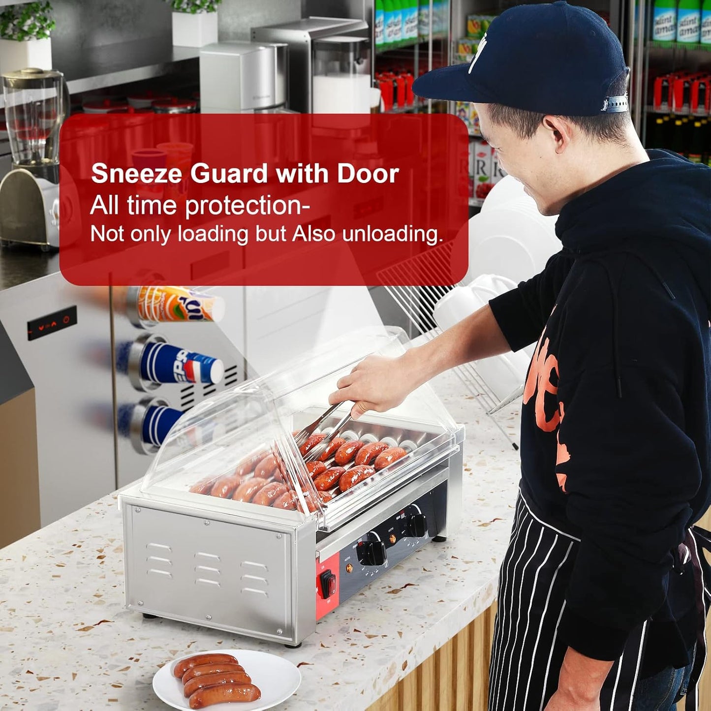 CROSSON Hot Dog 7 Roller Grill Cooker Machine with Transparent Sneeze Guard,7 Nonstick 304SS Rollers and Dual Temp Control,Commercial Hot Dog Cooker Machine-120V, 1050W