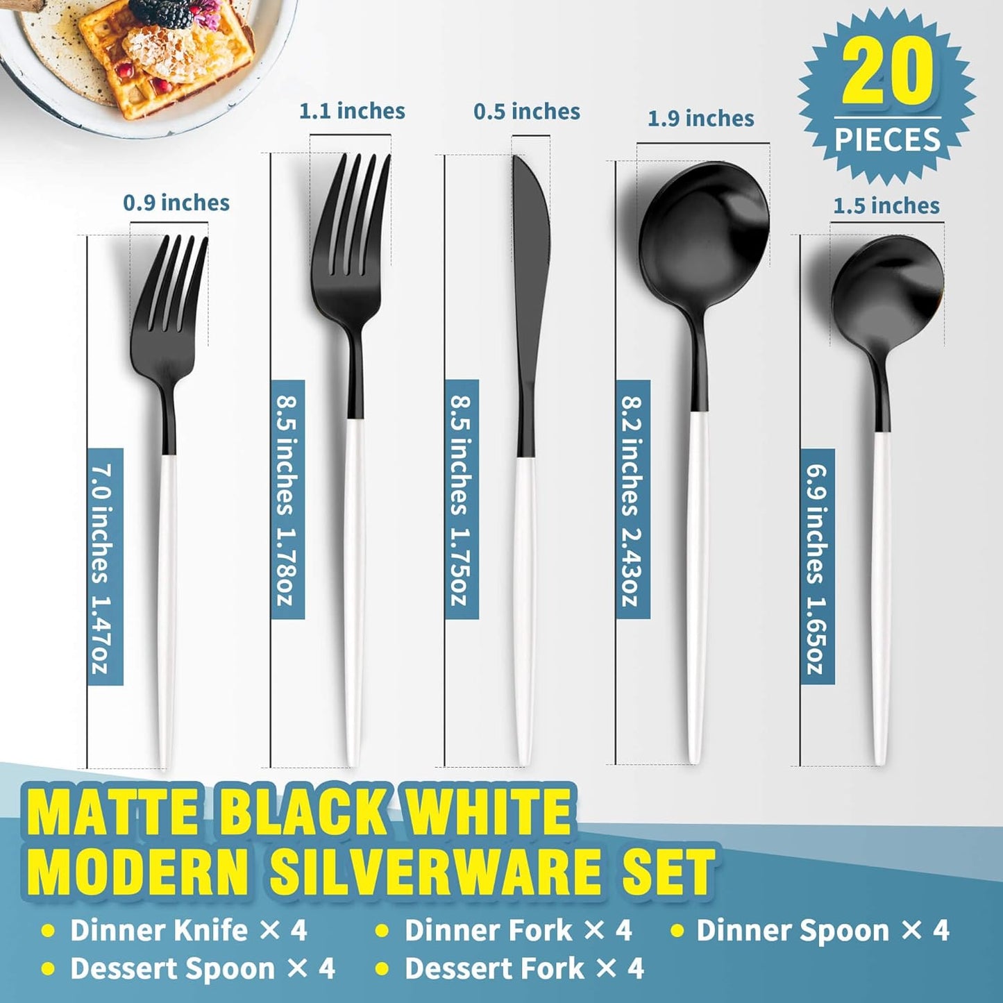 Matte Black White Silverware Set for 4,Modern Stainless Steel Brushed Cutlery Set,20-Pieces Heavy Duty Flatware Set,Knives Spoons and Forks Set Utensils Set, Satin Finish, Dishwasher Safe