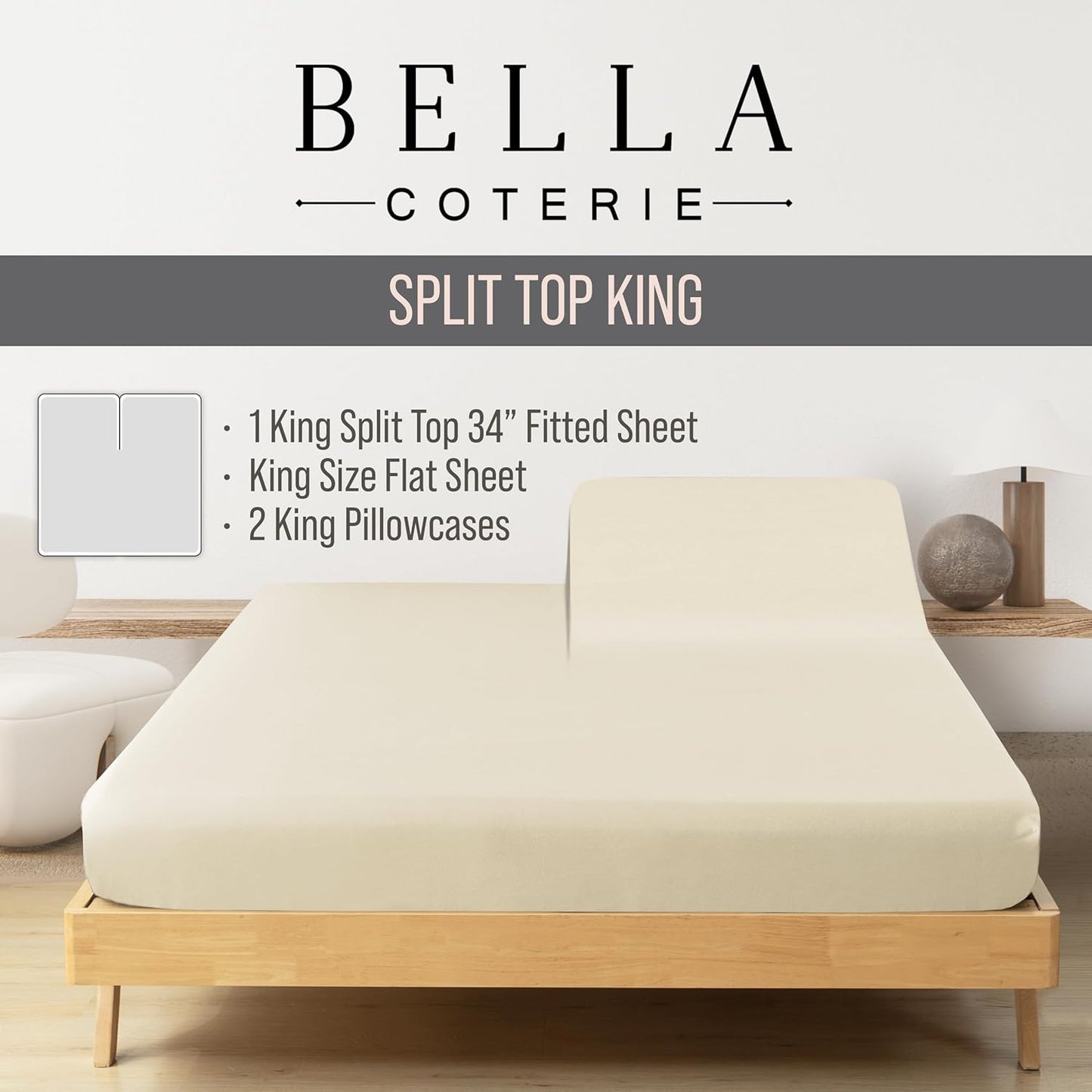 Bella Coterie Luxury Bamboo Viscose Split Top King Size Sheet Set | 100% Organically Grown | Ultra Soft | 34" Split | Cooling for Hot Sleepers | 18" Deep Pocket [Ivory]
