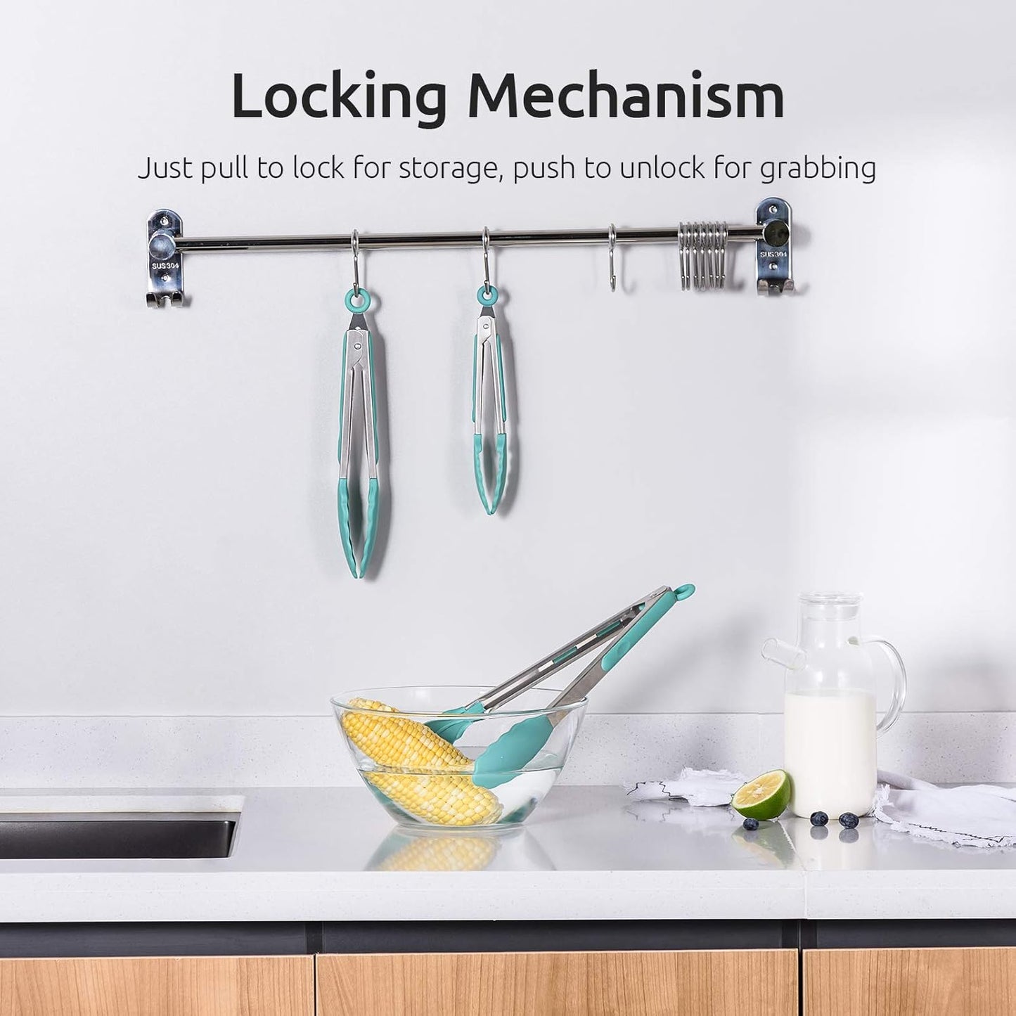 Kitchen Tongs, U-Taste 7/9/12 inches Cooking Tongs, with 600ºF High Heat-Resistant Non-Stick Silicone Tips, 18/8 Stainless Steel Handle, for Food Grill, Salad, BBQ, Frying, Serving, Pack of 3(Teal)