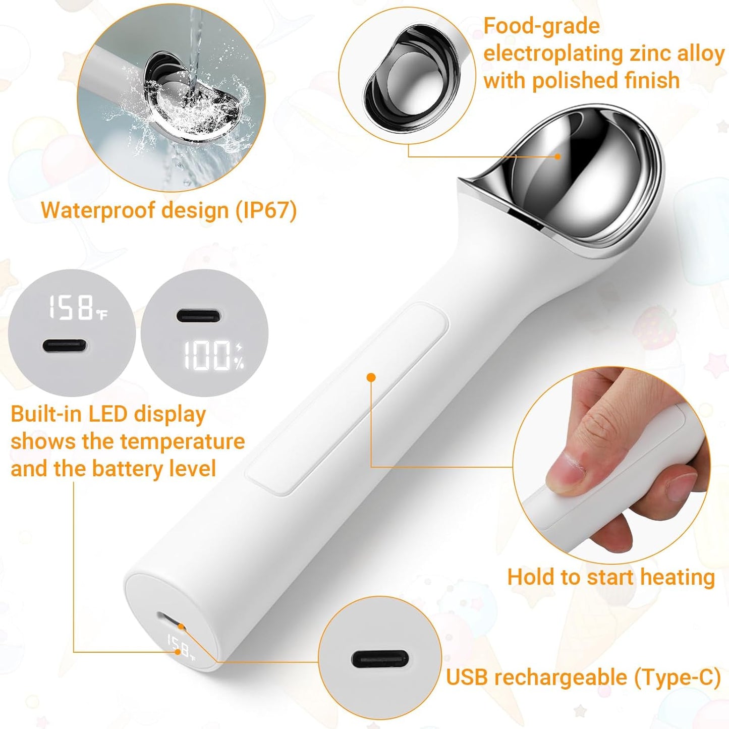 Juome Heated Ice Cream Scoop - 15 Seconds Fast Heating Electric Ice Cream Scooper USB Rechargeable, Handheld Heats Up to 158°F with LED Display for Hard Ice Cream, Easy Use for Seniors & Kids (White)