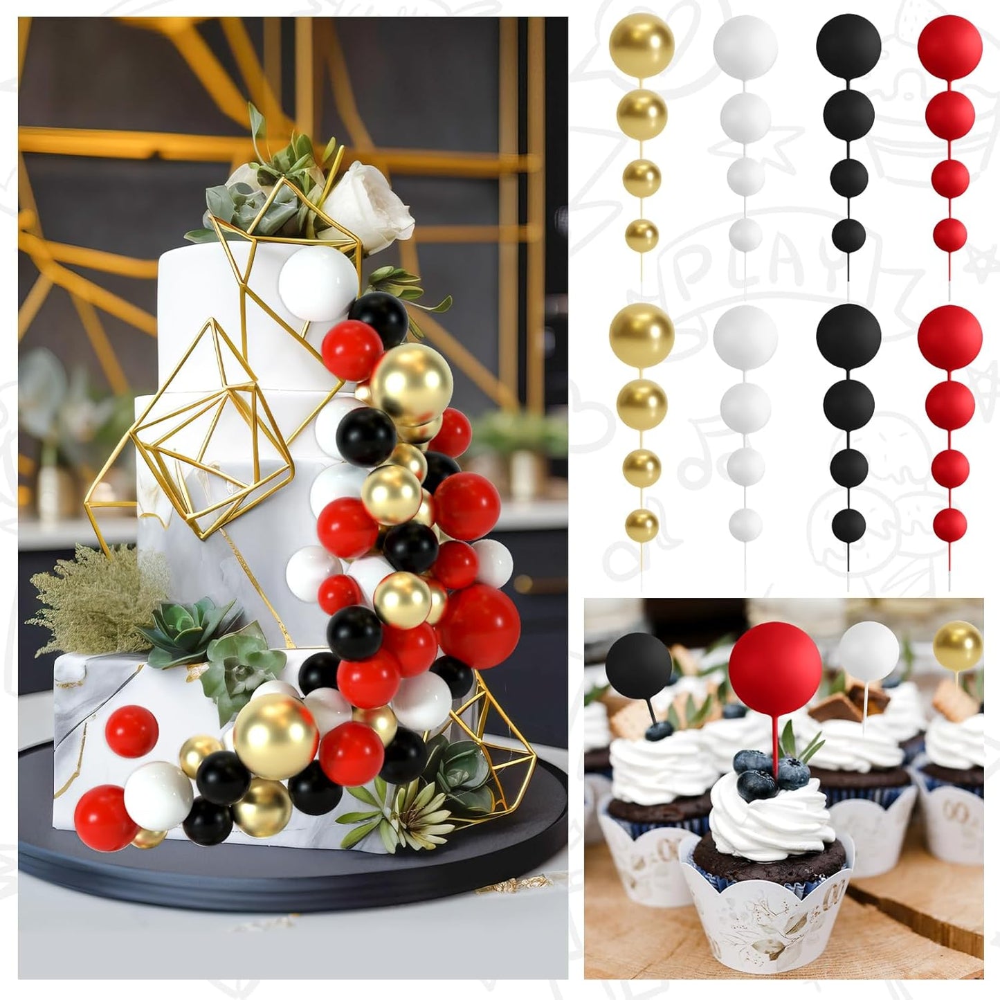 48 Pcs Balls Cake Topper Decorations Balloon Cupcake Toppers Foam Cake Topper Balls Cake Balls Decorations for Birthday Party Wedding Cake Decorating (Black, Red, White, Gold)