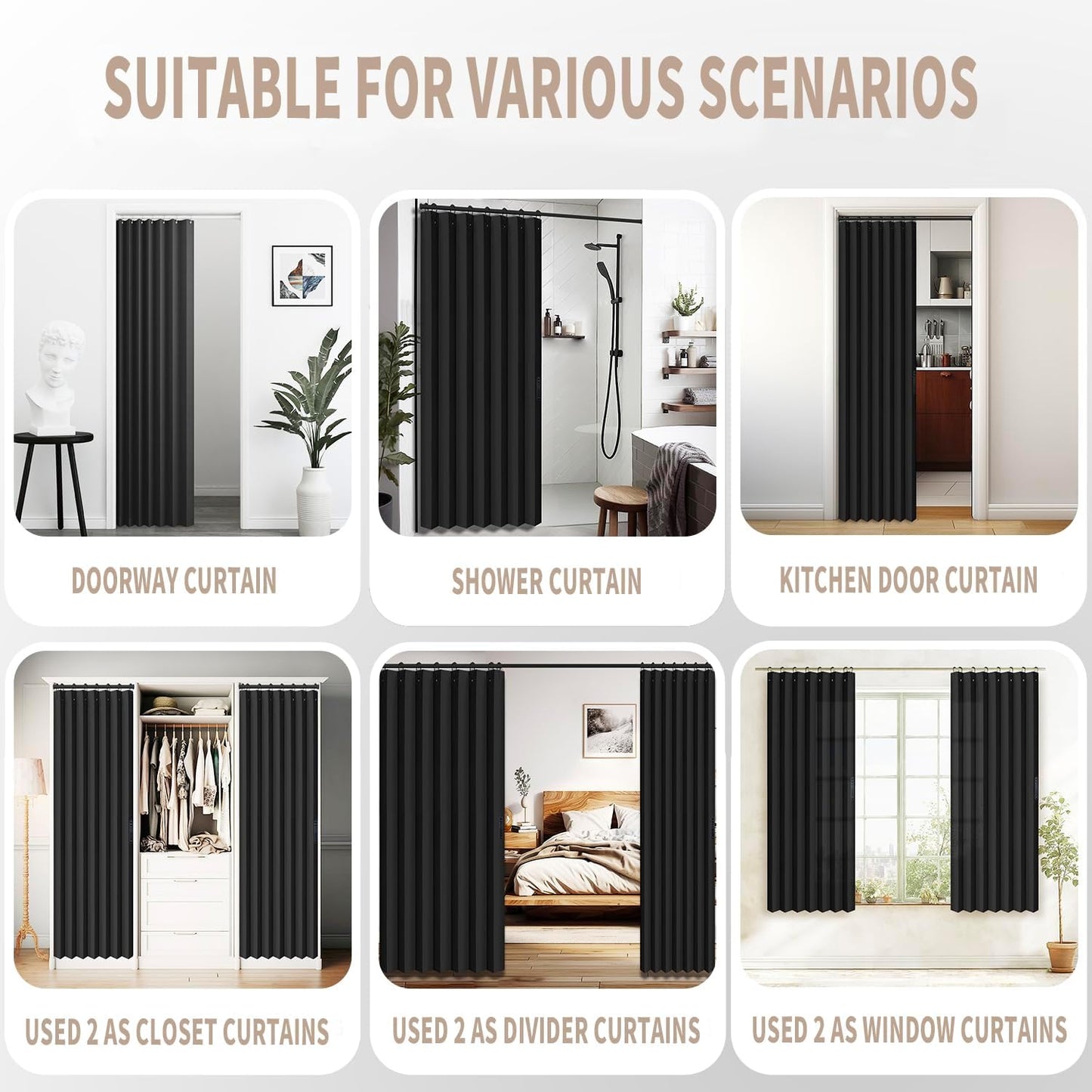 Vatge Closet Door Curtain Room Divider Drapes, Pleated Folding Style Curtains for Doorways Curtain for Bedroom Without Door,1 Panel with Tieback, W39 x L78, Black