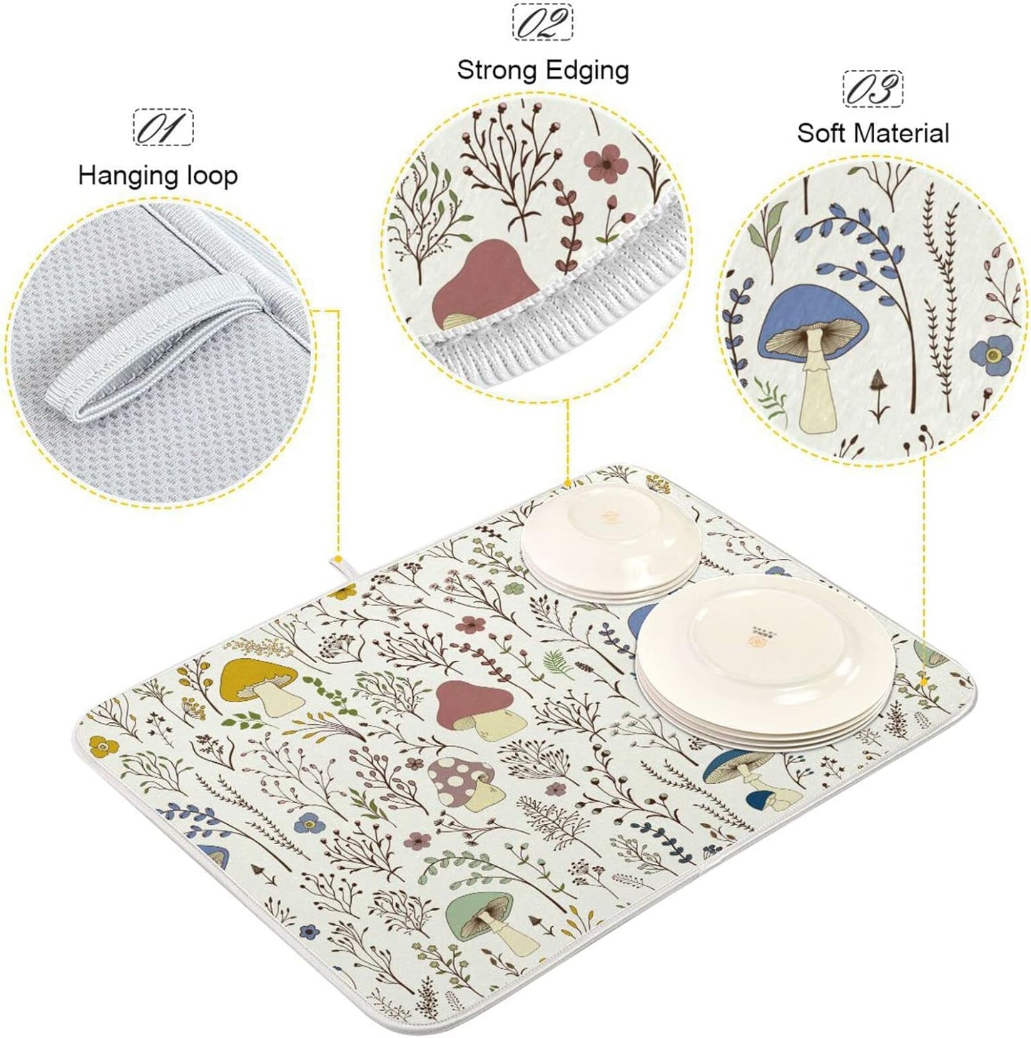 Cute Mushroom Wild Plant Dish Drying Mat for Kitchen Counter Absorbent Microfiber Drying Pad, Large 18x24 in, Reversible Drainer Mats