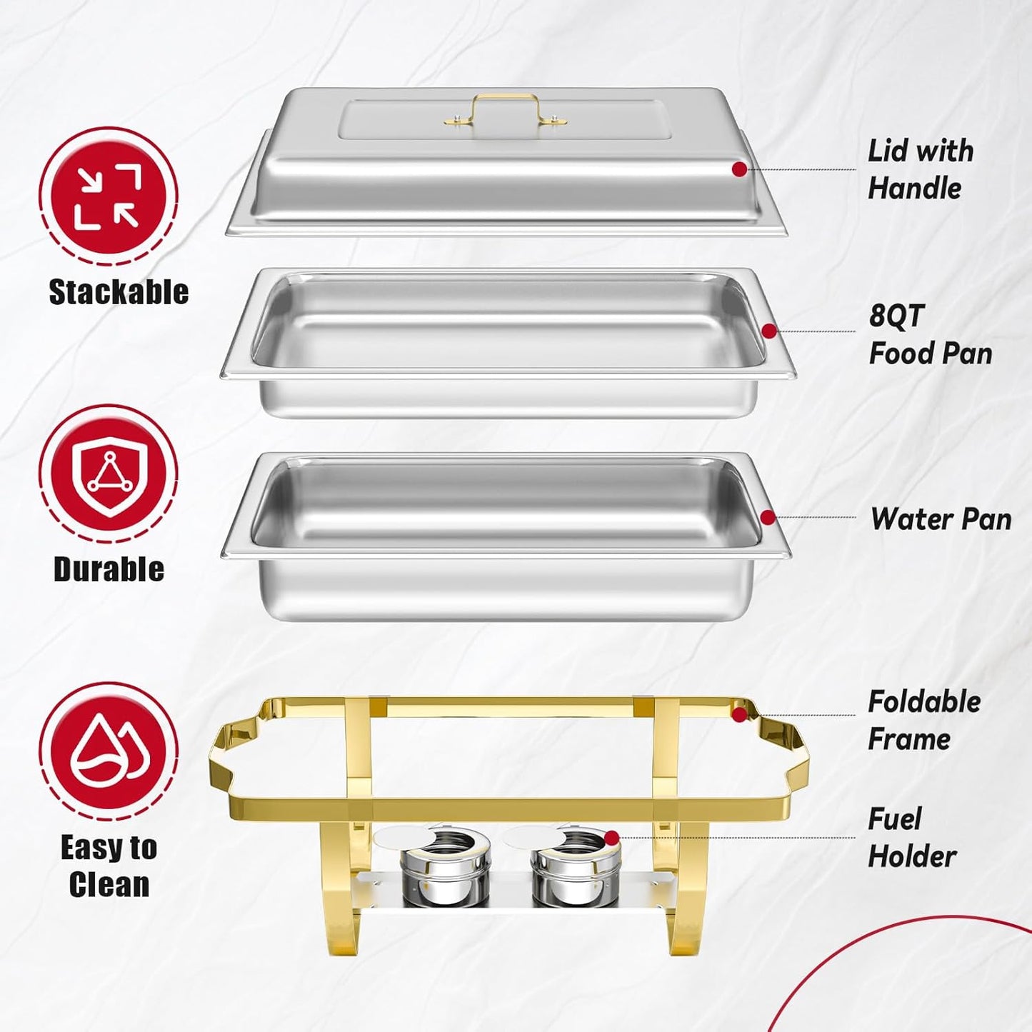 Chafing Dish Buffet Sets of 6, 8QT Stainless Steel Rectangular Chafers and Buffet Warmer Sets for Catering, with Food & Water Pan, Lid, Gold Foldable Frame, Fuel Holder for Event Party Holiday