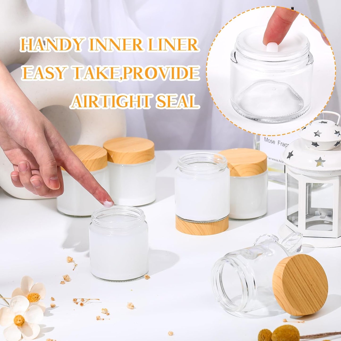 Norme 24 Pcs 4 oz Glass Jars with Lids Empty Small Glass Containers and Inner Liners Reusable Cosmetic Jars Round Airtight Bottles with Plastic Woodgrain Lids for Travel