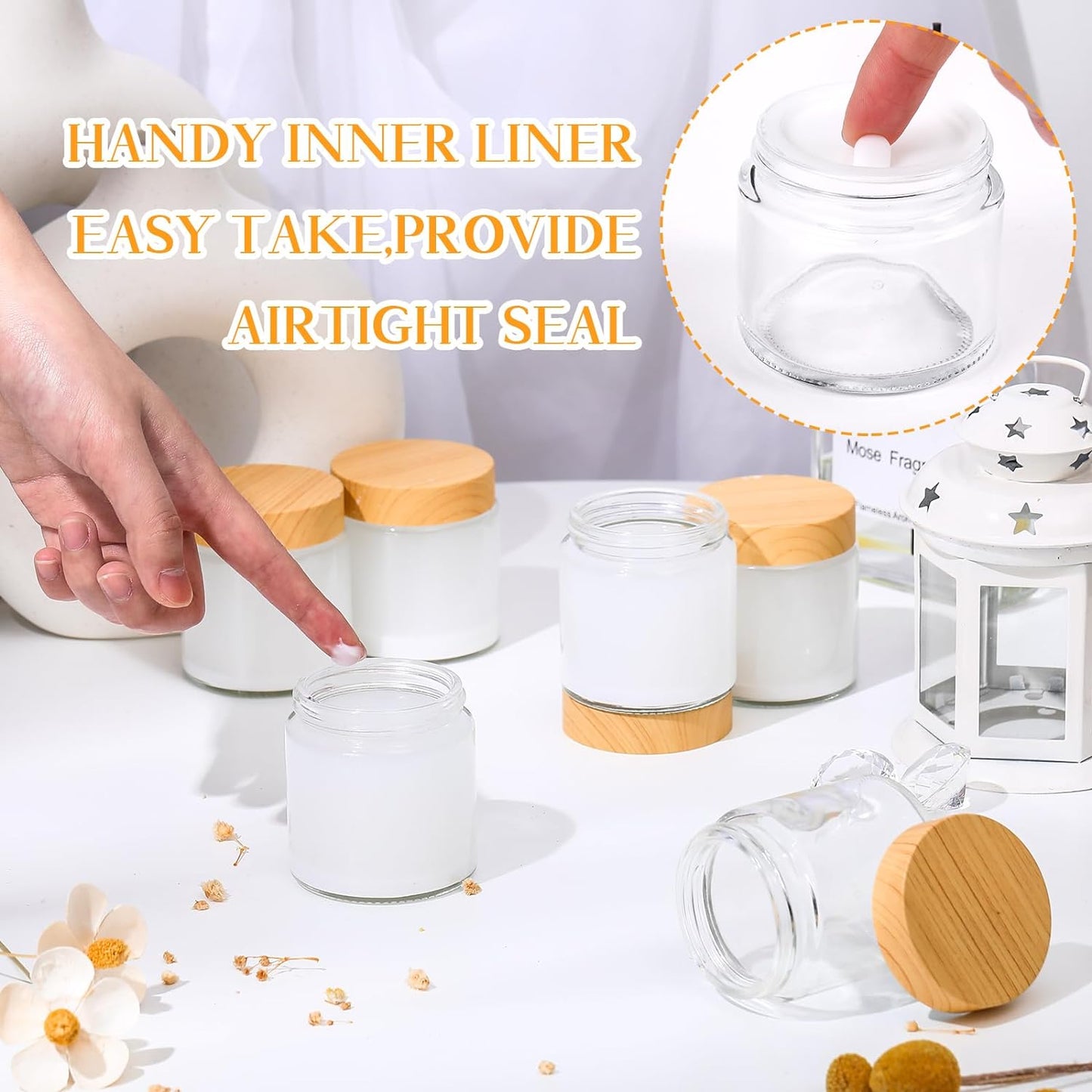 Norme 48 Pcs 4 oz Glass Jars with Lids Empty Small Glass Containers and Inner Liners Reusable Cosmetic Jars Round Airtight Bottles with Plastic Woodgrain Lids for Travel