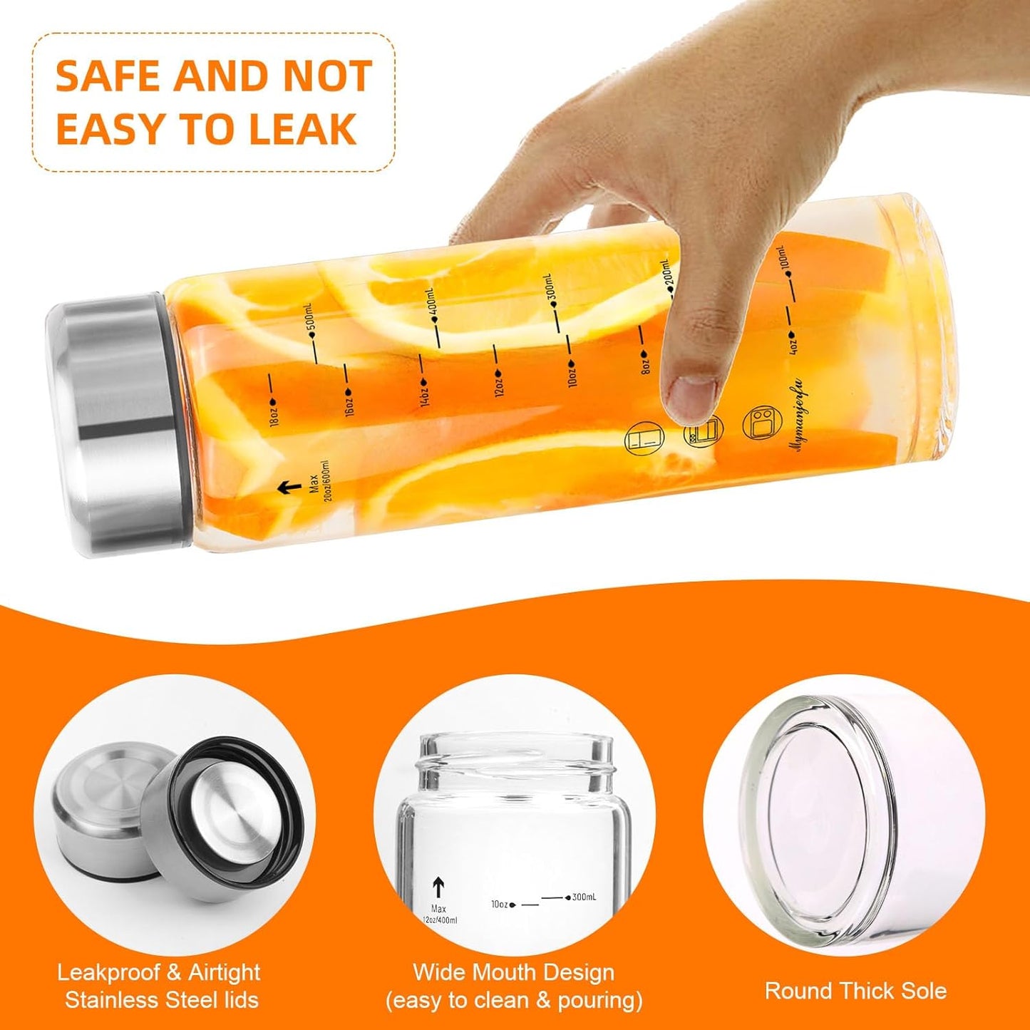 Glass Juice Bottles 4 Pack 20 oz - Wide Mouth Glass Water Bottles with Lids - for Juicing, Smoothies, Milk, Protein, BPA Free, Reusable, Stainless Steel Lids, Leak Proof, Shaker bottle [20oz/600ml]