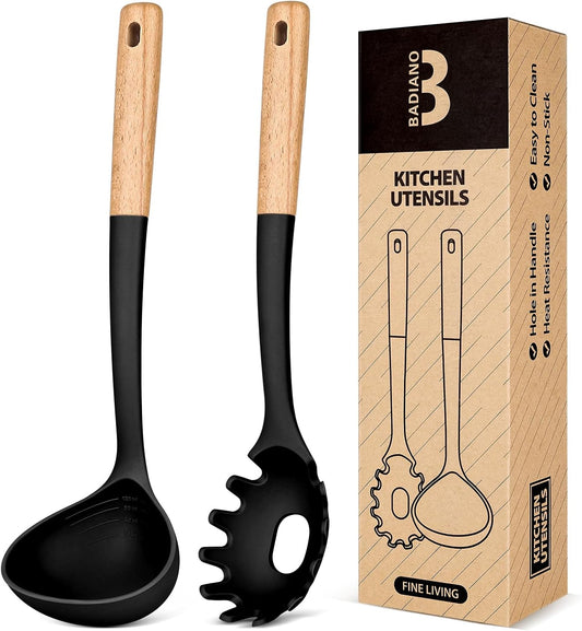 Pasta Fork and Ladle Set, Perfect for Serving Hot Soup, Stirring, and Sauce Pasta, BPA-Free Matte Silicone, Wood Handle Spaghetti Spoon for Nonstick Cooking Surfaces (Black)