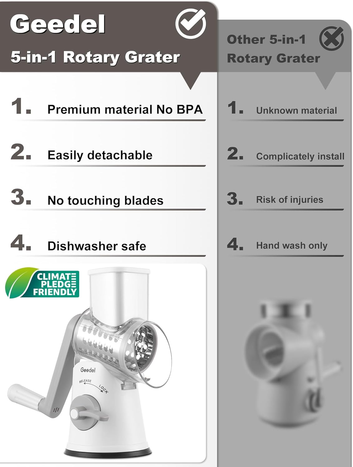 Geedel Rotary Cheese Grater Cheese Shredder - Upgraded 5-in-1 Cheese Grater with Handle and Strong Suction Base, Multi-purpose Vegetable Slicer Ice Shaver Nuts Grinder for Ice, Vegetables, Fruit, Nuts