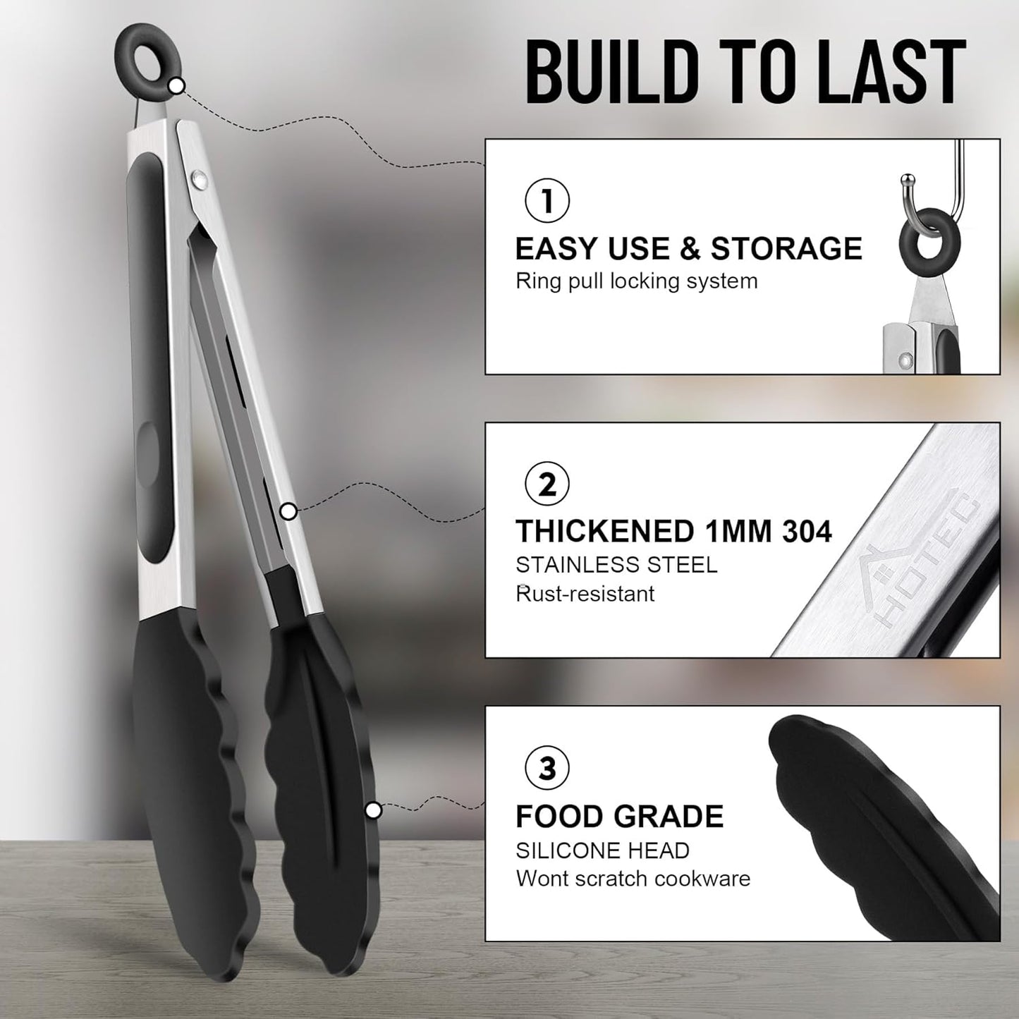 Hotec Silicone Kitchen Tongs for Cooking 9-Inch Serving Tongs with Silicone Tips, Set of 3 (Black)