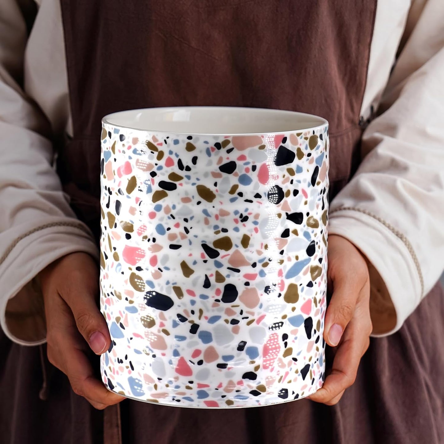 Kitchen Utensil Holder,7.2″Extra Large Stable Terrazzo Marble Pattern Ceramic Utensil Crock,Utensil Organizer for Countertop,Kitchen Decor,Utensil Holder for Housewarming,Wedding Gift Pink