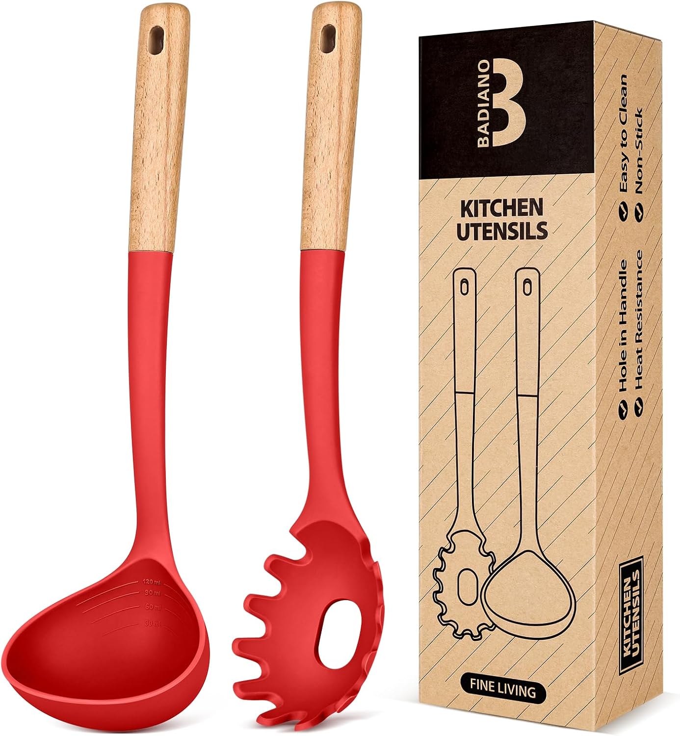 Pasta Fork and Ladle Set, Perfect for Serving Hot Soup, Stirring, and Sauce Pasta, BPA-Free Matte Silicone, Wood Handle Spaghetti Spoon for Nonstick Cooking Surfaces (Red)