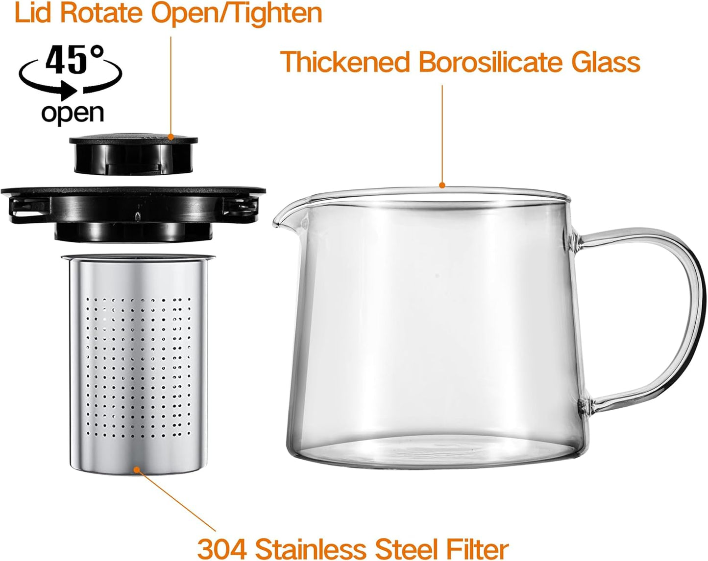 Glass Teapot 51oz/1500ml with Removable Stainless Steel Infuser Tea pot, Heatproof Borosilicate Glass Tea Make, Stovetop Safe Glass Tea Kettle for Loose and Blooming Leaf Tea
