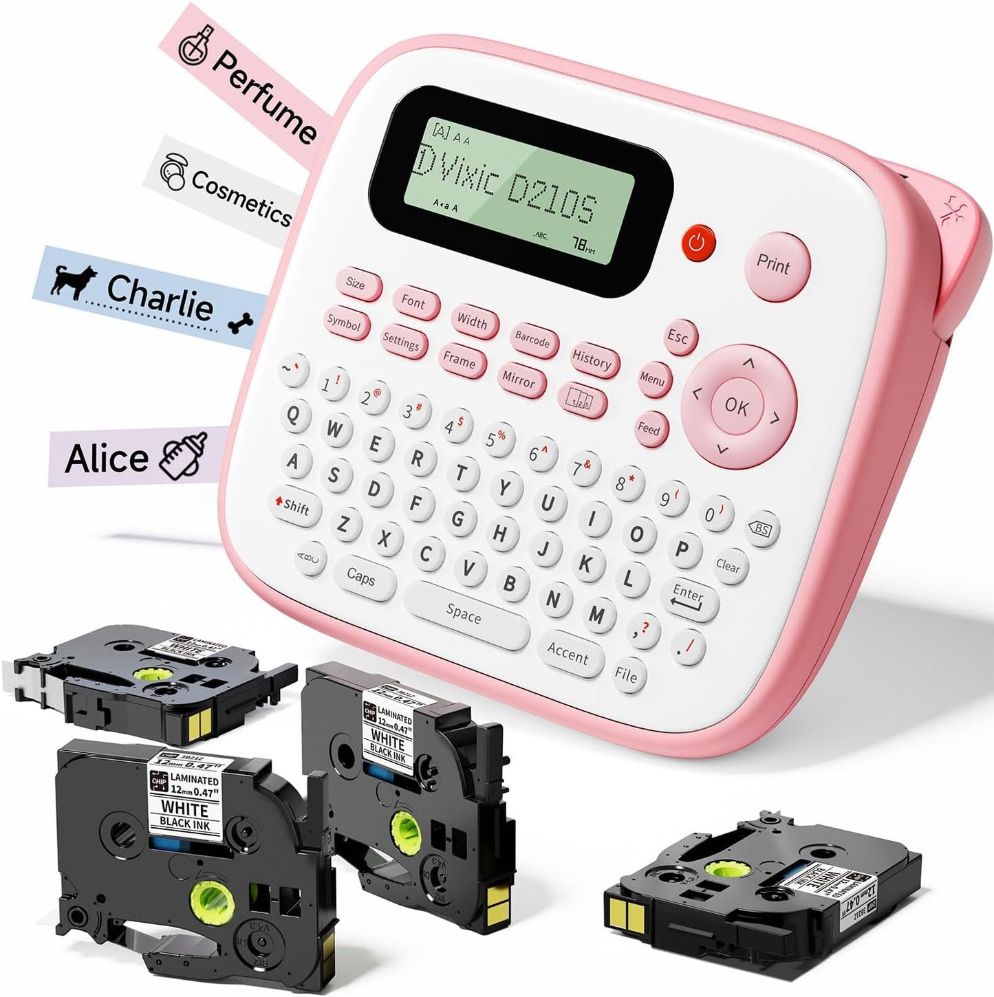 Pink Label Maker, D210S Label Maker with Tapes Waterproof, Handheld Label Makers Labeler Includes USB-C for Power, Easy-to-Read Screen, Multiple Fonts Icons Frames for Home Office Organization