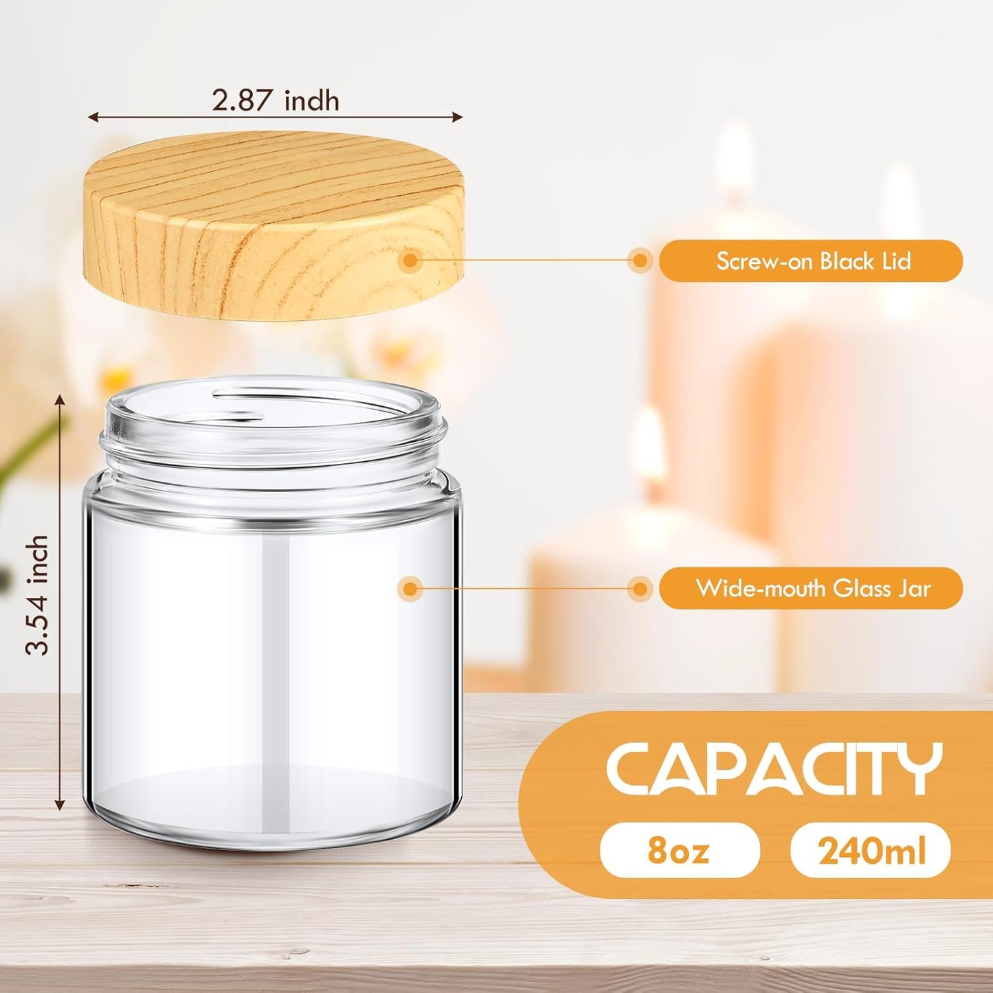 Norme 24 Pcs 8 oz Glass Jars with Lids Empty Small Glass Containers and Inner Liners Reusable Cosmetic Jars Round Airtight Bottles with Plastic Woodgrain Lids for Travel