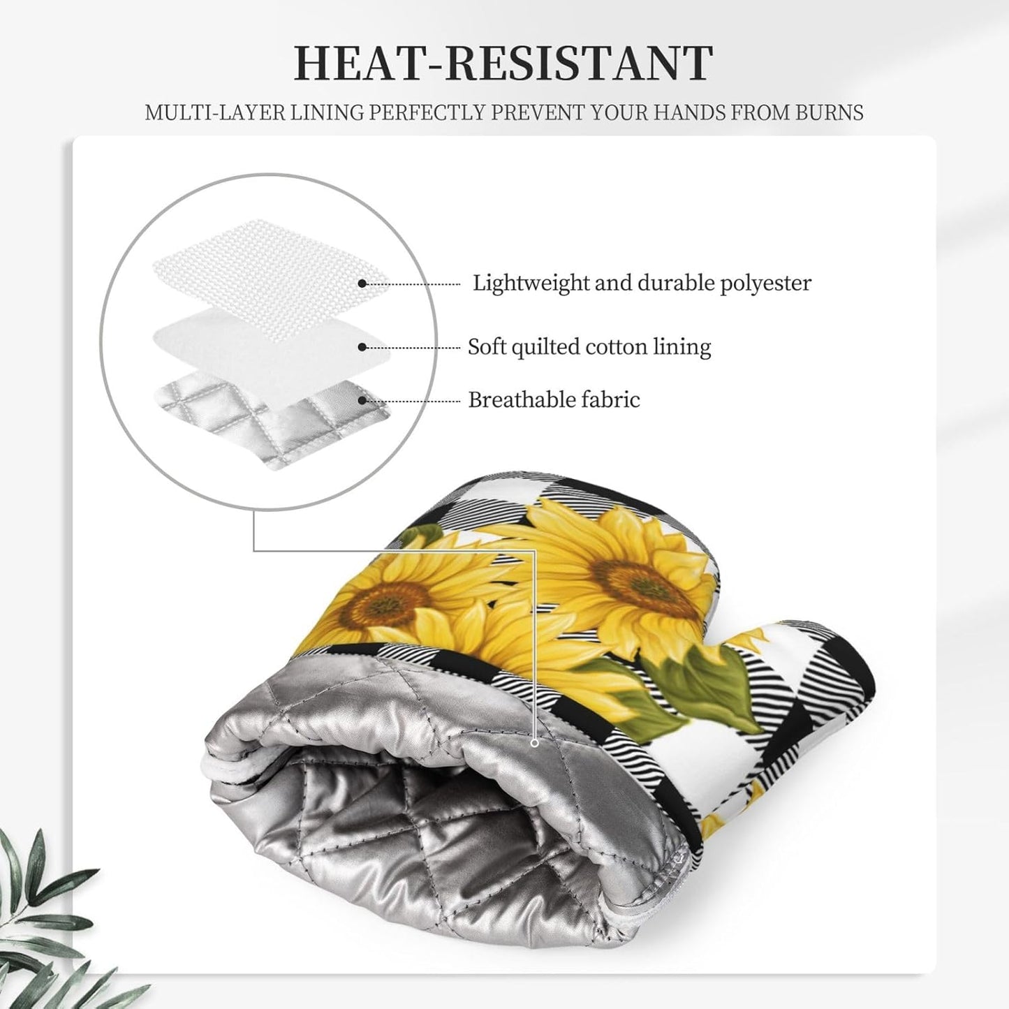 Sunflower Black White Buffalo Plaid Oven Mitts and Pot Holders Sets Silicone Yellow Floral Lumberjack Check Kitchen Mitts Potholders Heat Resistant 4Pcs Oven Gloves Hot Pads for Kitchen