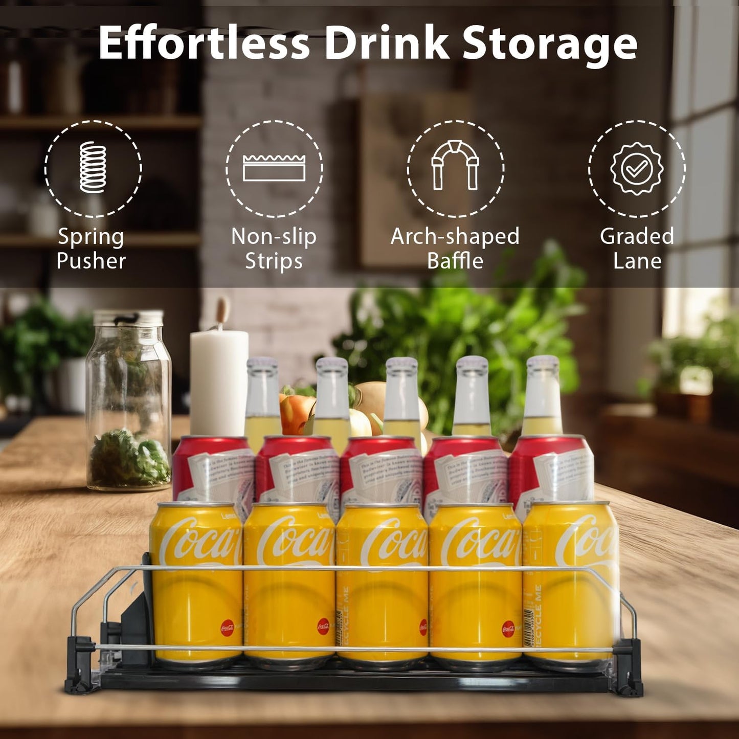 Upgraded Drink Organizer for Fridge – Adjustable Width Soda Can Organizer with Automatic Glide, Space-Saving Refrigerator Can Dispenser Holds Up to 25 Cans – Drink Holder for Fridge (3 Rows, Black)