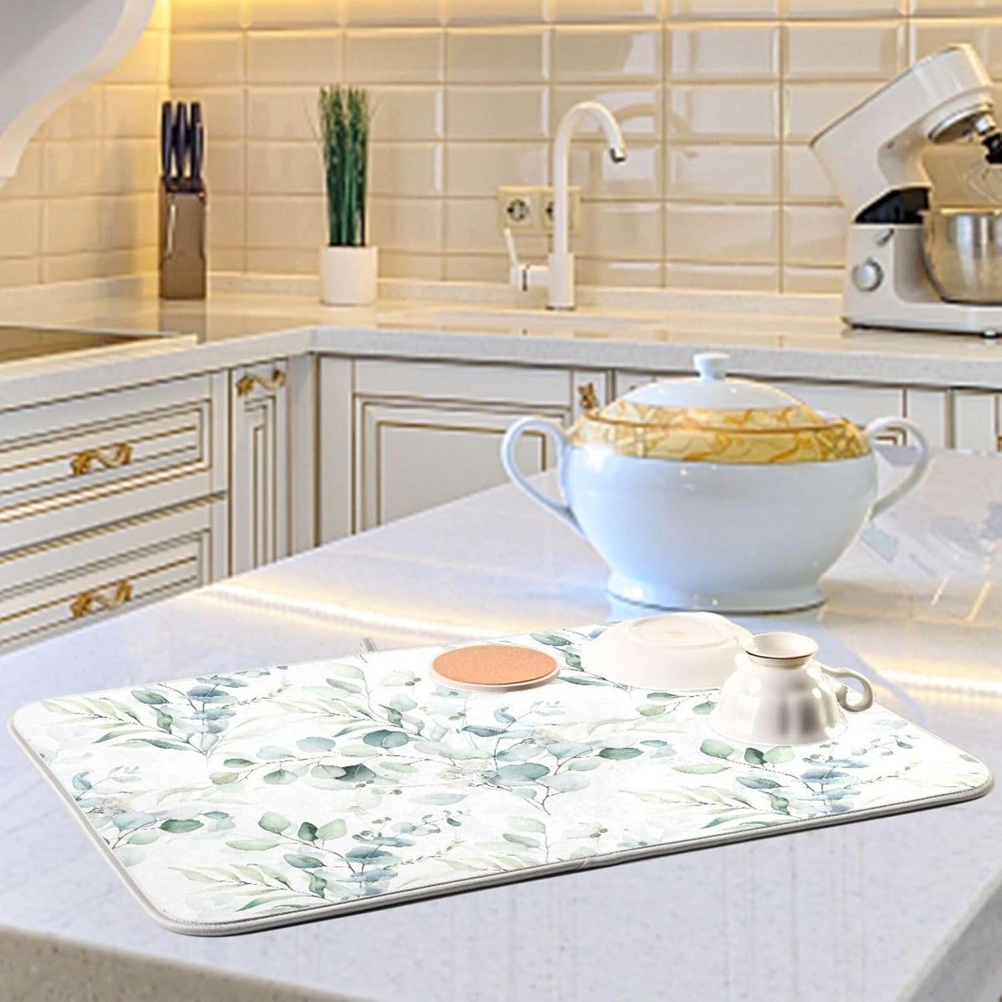 Green Sage Eucalyptus Leaves Dish Drying Mat for Kitchen Counter Absorbent Microfiber Drying Pad, Medium 16x18 in, Reversible Drainer Mats