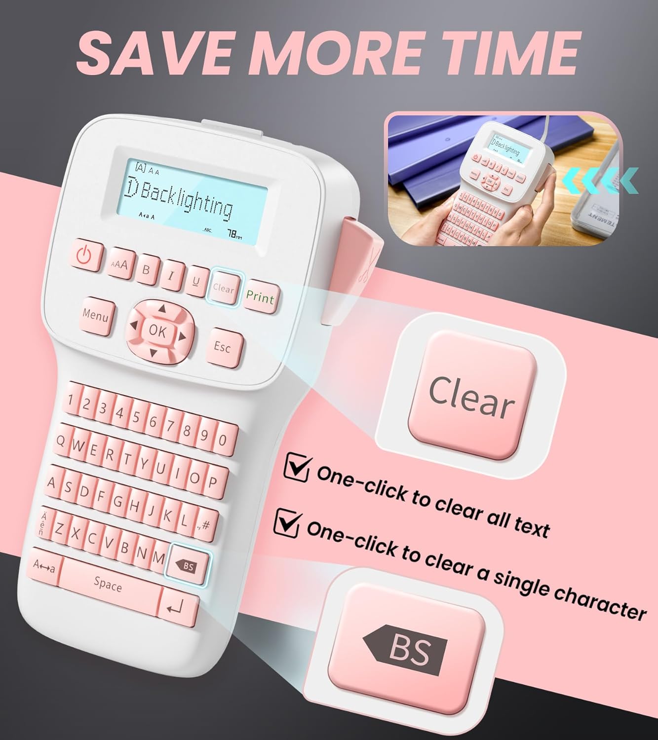 Pink Label Maker, Rechargeable Label Makers with Keyboard, Handheld Label Maker Machine with Bluetooth Backlit Large Display LM1600, Portable Labeler for Home & Office Organization School Kids