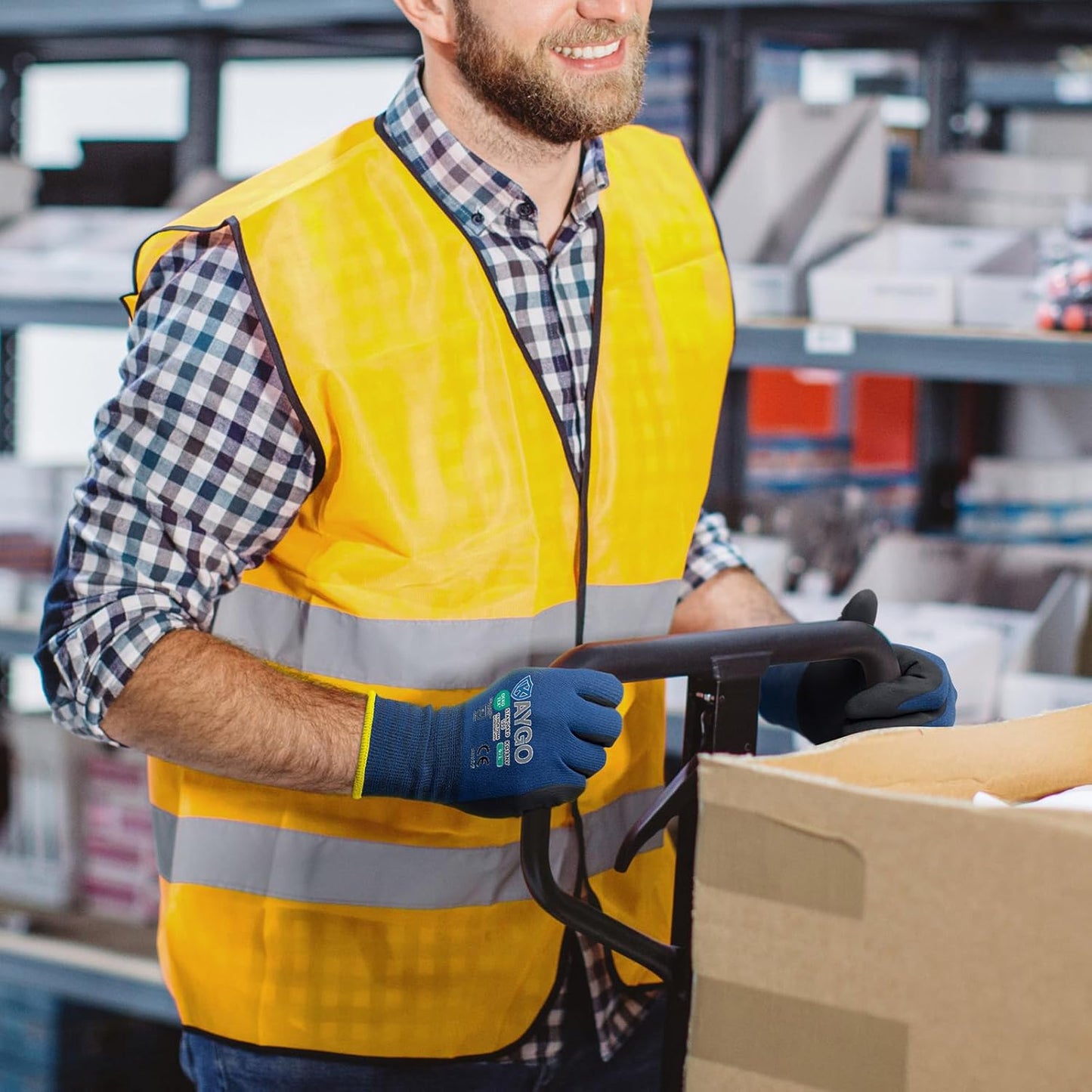 KAYGO Safety Work Gloves MicroFoam Nitrile Coated, 3 Pairs KG18NB,Seamless Knit Nylon Glove for Men and Women, Ideal for Automotive,Warehouse,Construction (L, Dark Blue)