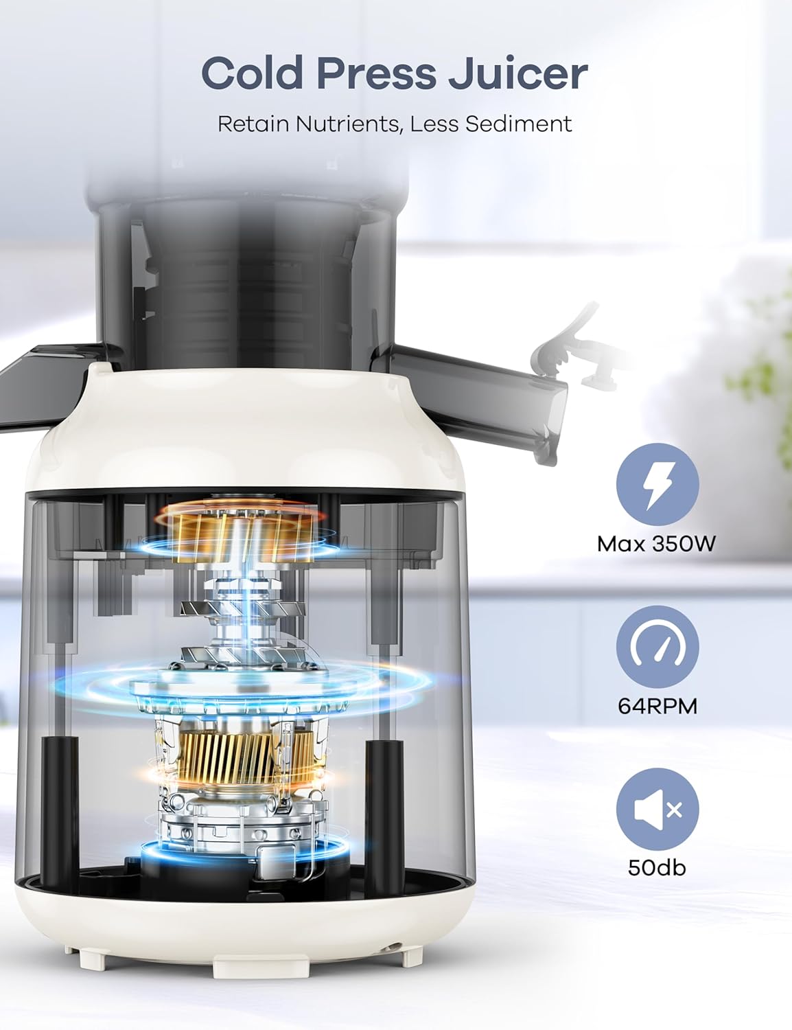Ganiza Juicer Machines, Cold Press Juicer with 4.3" Large Feed Chute for Whole Fruits & Vegetables, Slow Masticating juicers with 3 Replace Filters for Batch Juicing, Easy to Clean, BPA Free (White)