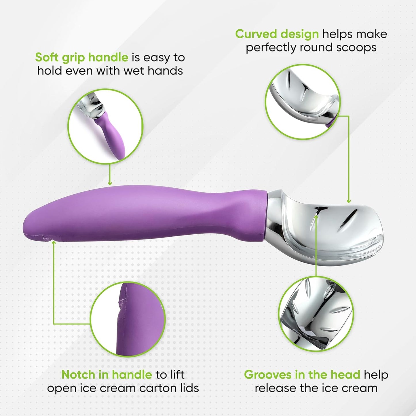 Spring Chef Metal Ice Cream Scoop with Comfortable Handle, Heavy Duty Sturdy Ice Cream Scooper Spoon for Cookie Dough, Frozen Yogurt, Gelato, Sorbet, Sundae, Melon - Dishwasher Safe - Orchid
