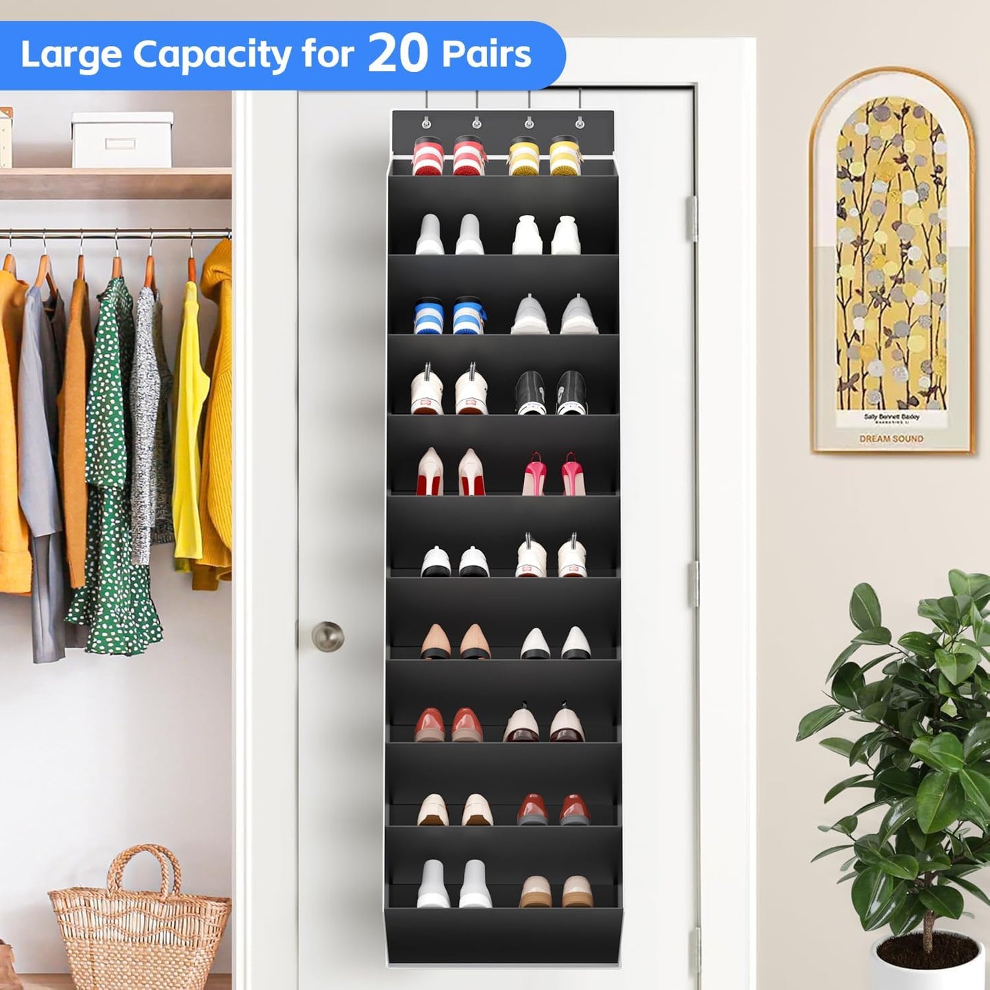 REGELETO 10 Tiers Large Size Over the Door Shoe Organizer Storage, Hanging Shoe Rack for Door with Deep Pockets, Fit 20 Pairs Shoe Organizer Holder for Sneakers and Boots (Black)