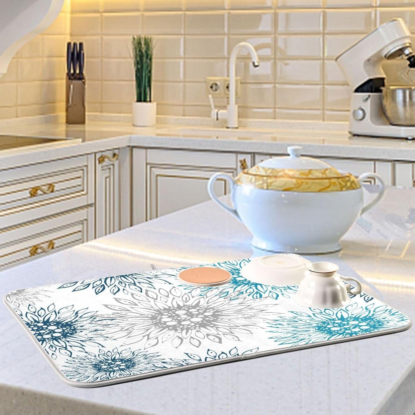 Abstract Flowers Sunflowers Dish Drying Mat for Kitchen Counter Absorbent Microfiber Drying Pad, Large 18x24 in, Blue White Reversible Drainer Mats