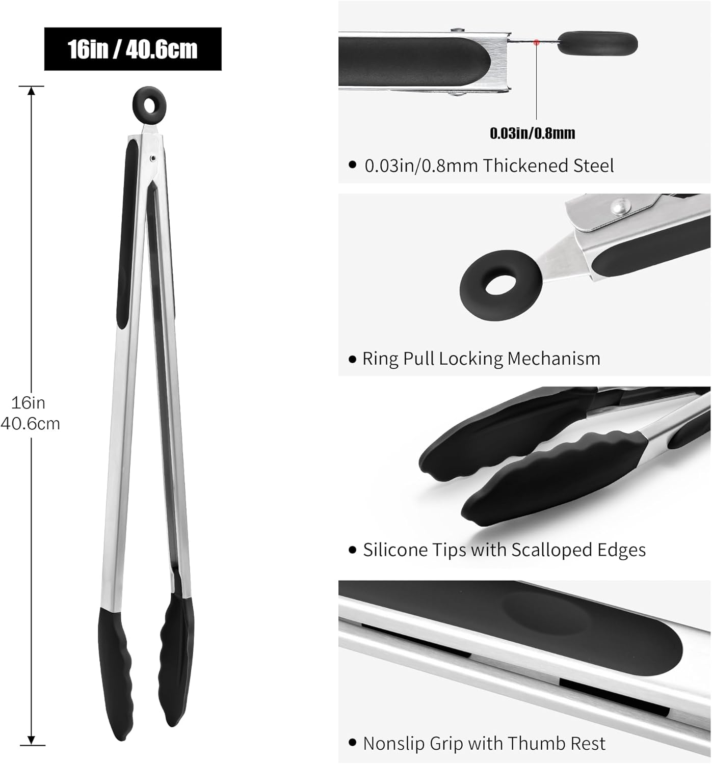 Doosu Kitchen Tongs for Cooking - 600°F Heat Resistant Food Tong with Non-Scratch Silicone Tips, Heavy Duty Stainless Steel Locking Tong for BBQ, Grilling Steak, Serving Salad, Pasta (16in, Black)