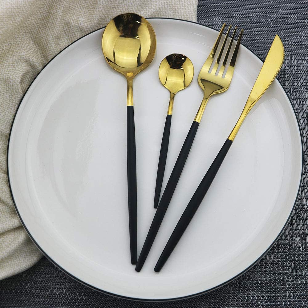 Black Gold Silverware Set, JASHII 30-Piece Stainless Steel Satin Finish Flatware Set, Kitchen Utensil Set, Mirror Polished Tableware Cutlery Set for Home and Restaurant, Dishwasher Safe