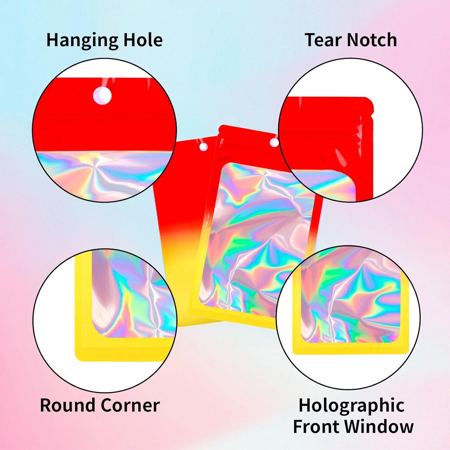 200 Pack Resealable Mylar Holographic Bags Food Storage Smell Proof Bags with Front Window Foil Packaging Pouch for Candy Sample Jewelry Small Business 3.54×6.29 Inch, Red Fade Yellow