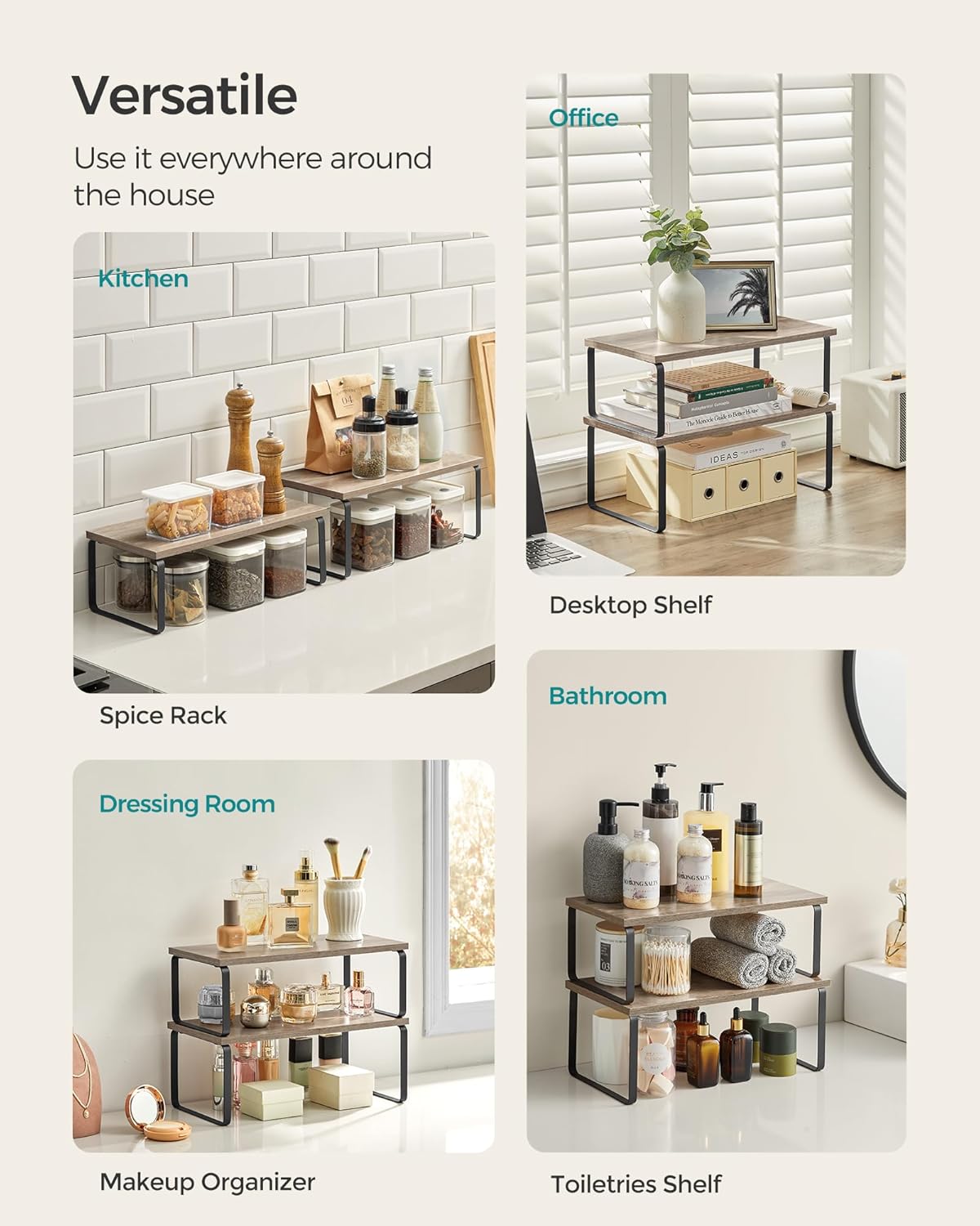 SONGMICS Cabinet Organizer Shelf, Set of 2 Kitchen Counter Shelves, Kitchen Storage, Spice Rack, Stackable, Expandable, Metal and Engineered Wood, Ink Black and Heather Greige UKCS200X02