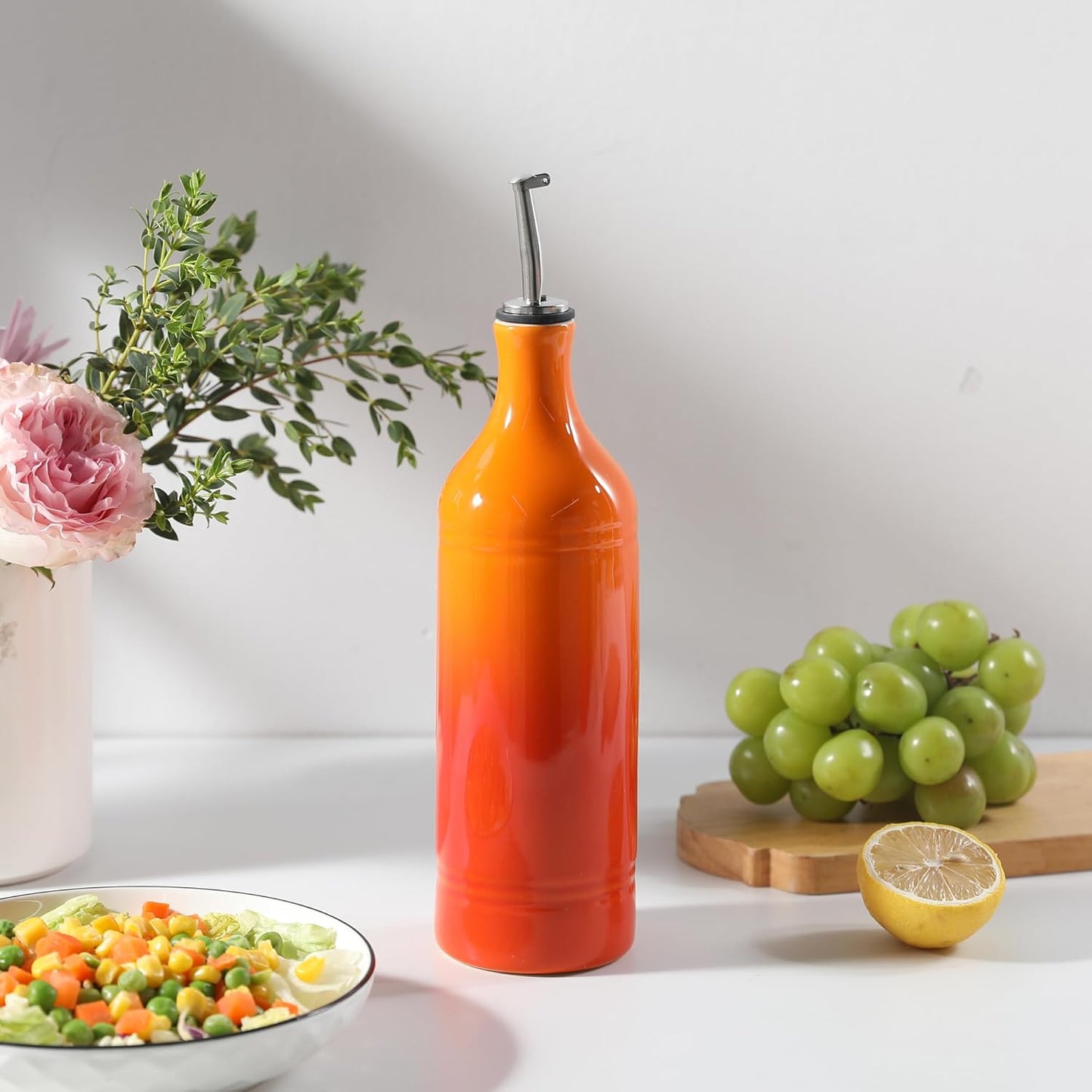 Sweejar Ceramic Olive Oil Dispenser Bottle, 20 Oz EVOO Oil and Vinegar Dispensing Bottle with Spout for Kitchen, Set of 1, 24 Fl Oz (Gradient Orange)