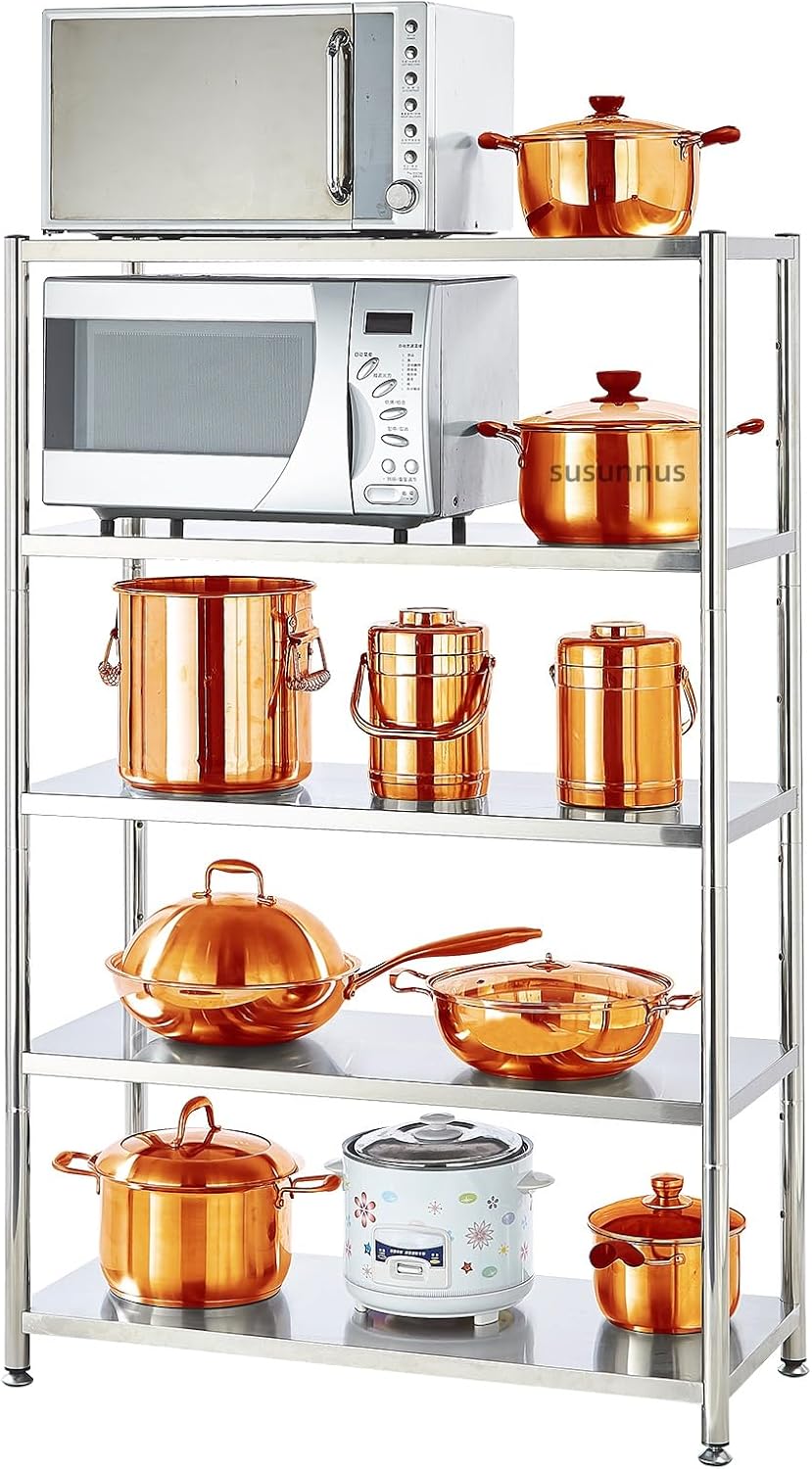 susunnus 5-Tier Stainless Steel Shelf, Heavy Duty Shelving for Kitchen, Garage, Industrial Storage, Kitchen Shelves Adjustable Feet, Easy to Clean (5T-35.8in*15.8in(Without guardrails))