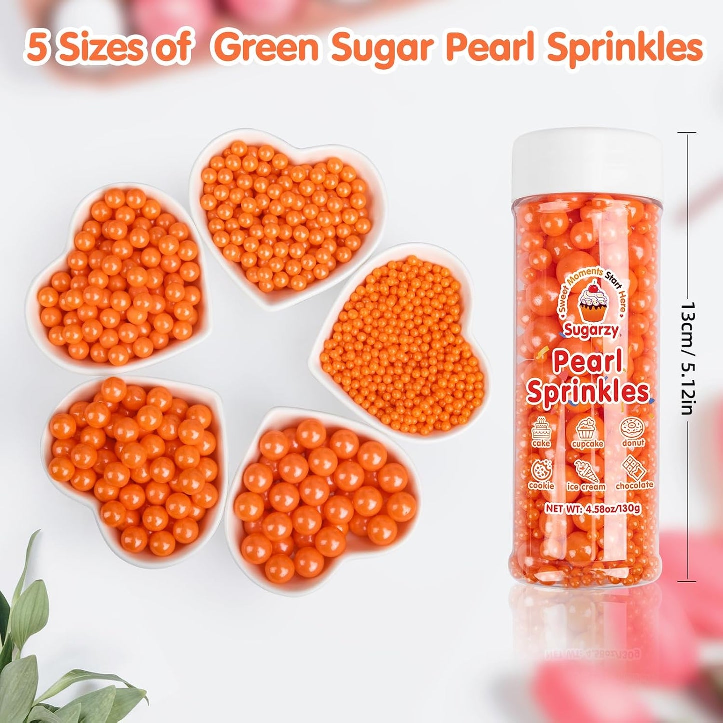 Orange Sprinkles,Edible Pearl Sugar Sprinkles,Mix Size,130g/4.58oz,Baking Edible Cake Decorations,Pastel Decorating,Cupcake Toppers,Cookie Decorating Donuts Ice Cream Toppings,Wedding Party Valentines Christmas Supplies