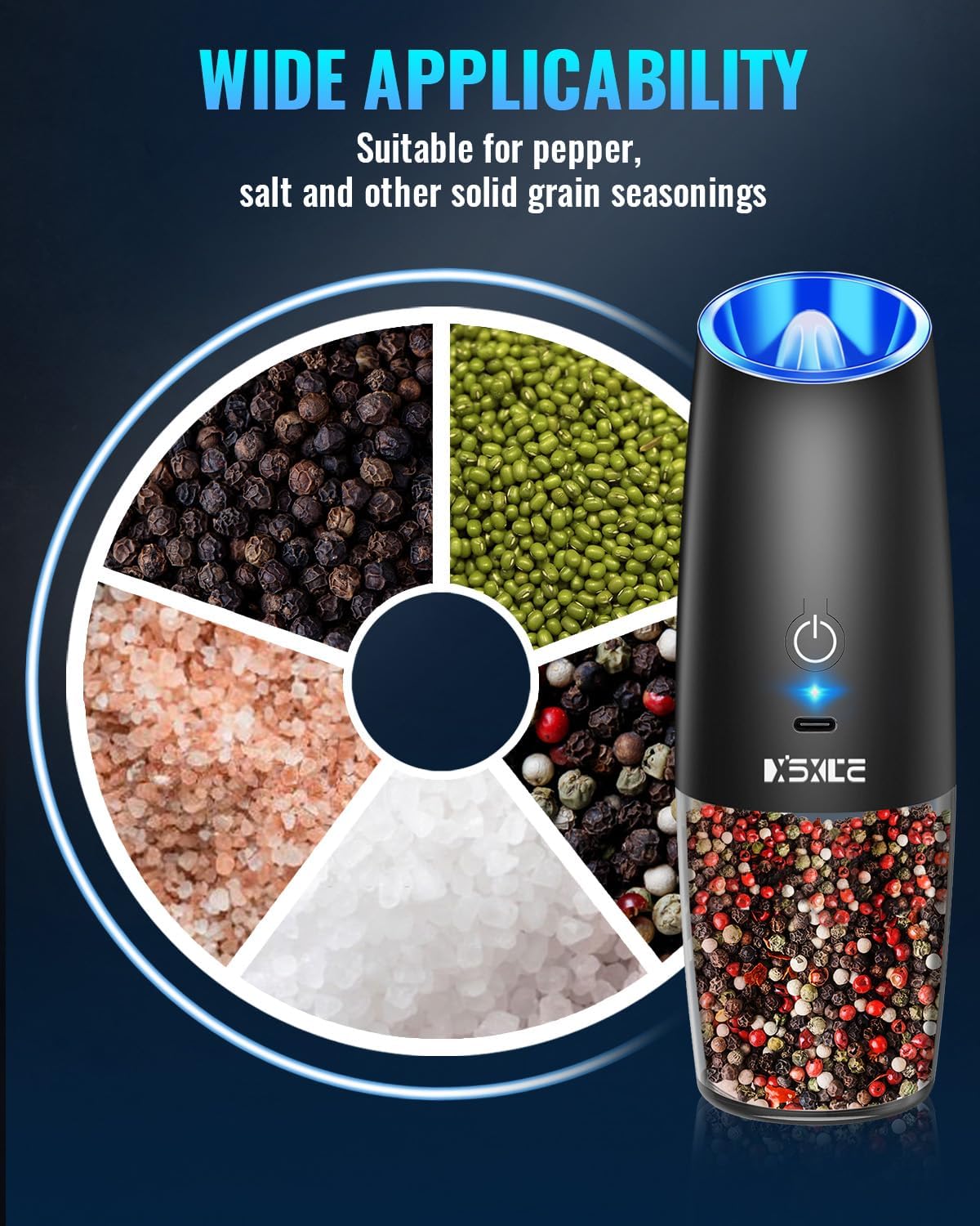Rechargeable Electric Pepper and Salt Grinder Set, No Battery Needed, whit Gravity Sensing Switch and LED Light, One Hand Automatic Operation, Black 2 Pack