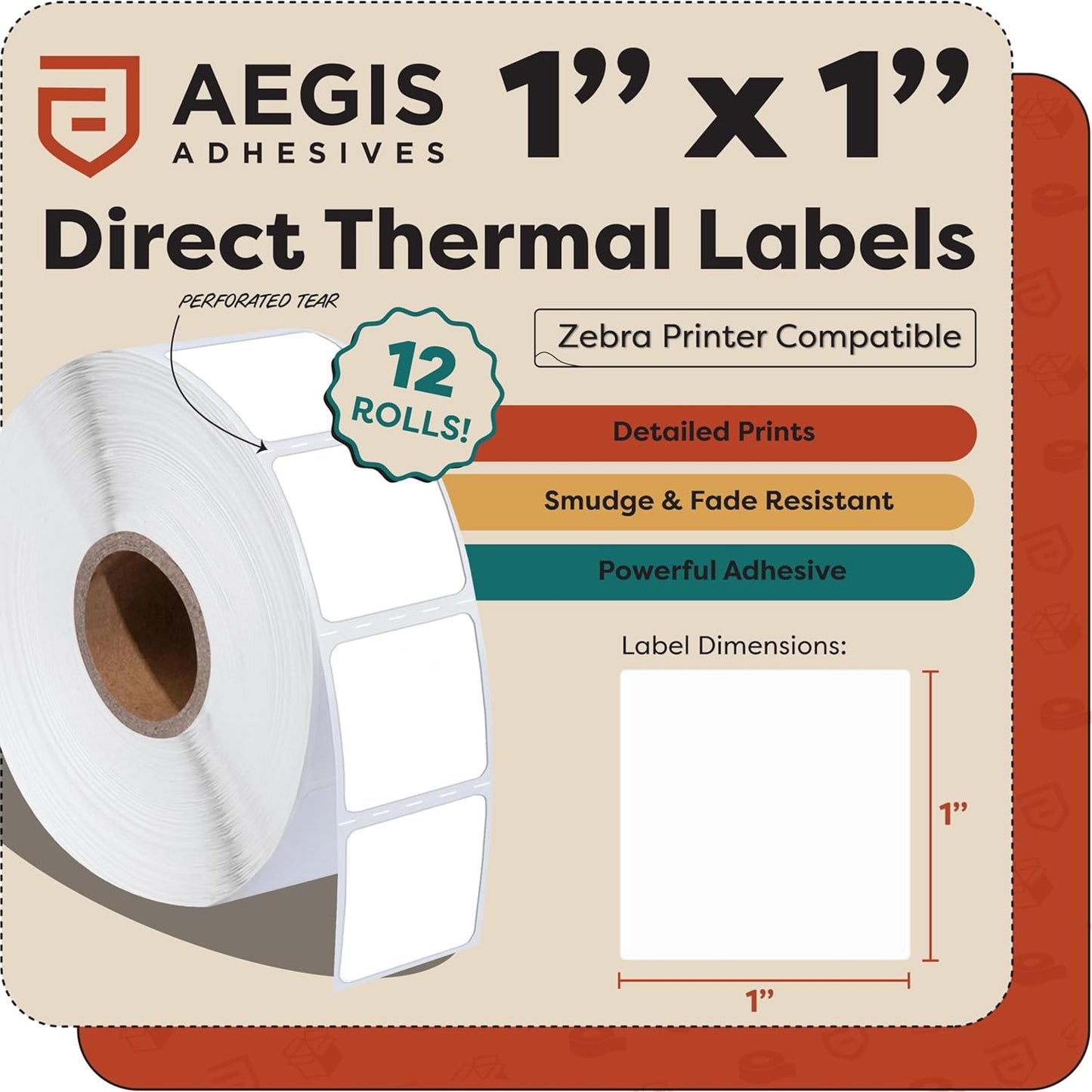 Aegis Adhesives - 1” X 1” Square Direct Thermal Multipurpose Labels for QR Codes, Perforated & Compatible with Zebra Desktop Printers - NOT Rollo Compatible (12 Rolls, 1375/Roll)