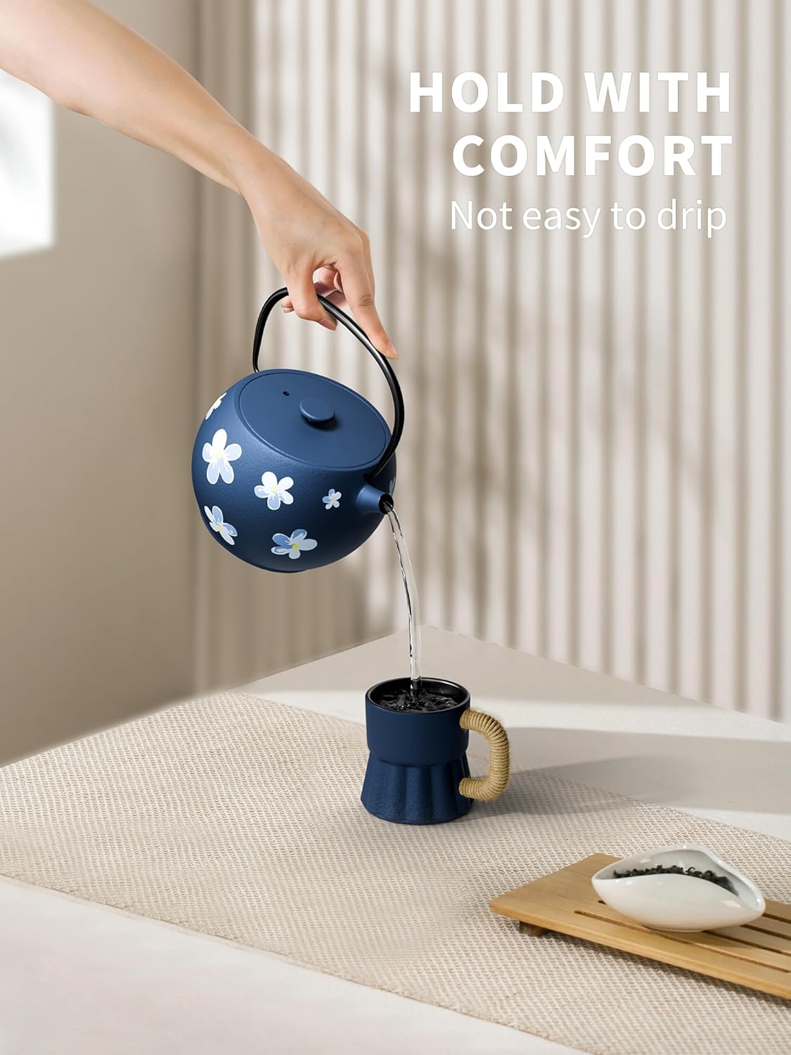 Toptier Teapot with Removable Infuser, Cast Iron Tea Kettle Stovetop Safe, Solid Geometry Ball Design Tea Pot Coated with Enameled Interior for 32 Ounce (950 ml), Navy Flower