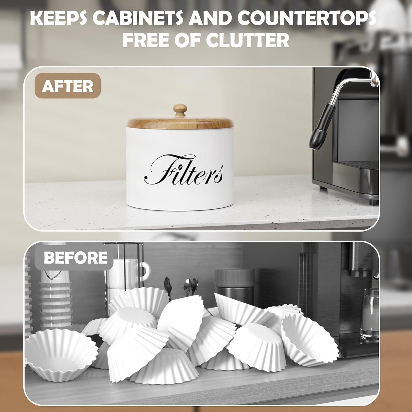 Coffee Filter Holder, Wooden Coffee Filter Storage with Lid, Round Coffee Filter Container for Counter, Rustic Farmhouse Coffee Bar Accessories Decor (White)