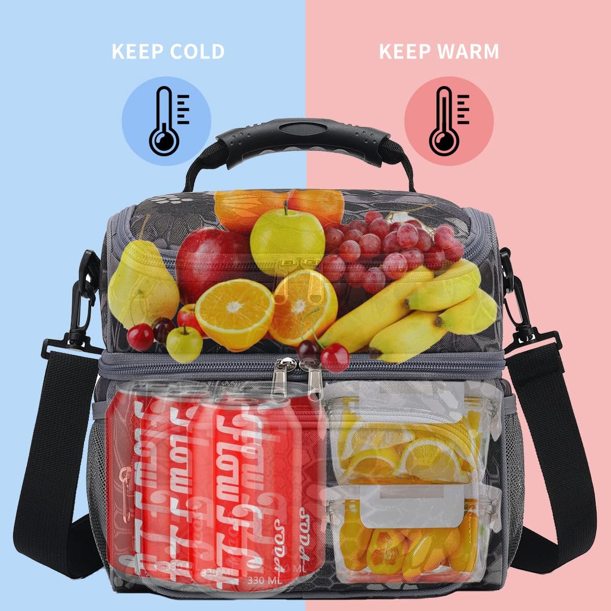 FlowFly Double Layer Cooler Insulated Lunch Bag Adult Lunch Box Large Tote Bag for Men, Women, With Adjustable Strap,Front Pocket and Dual Large Mesh Side Pockets