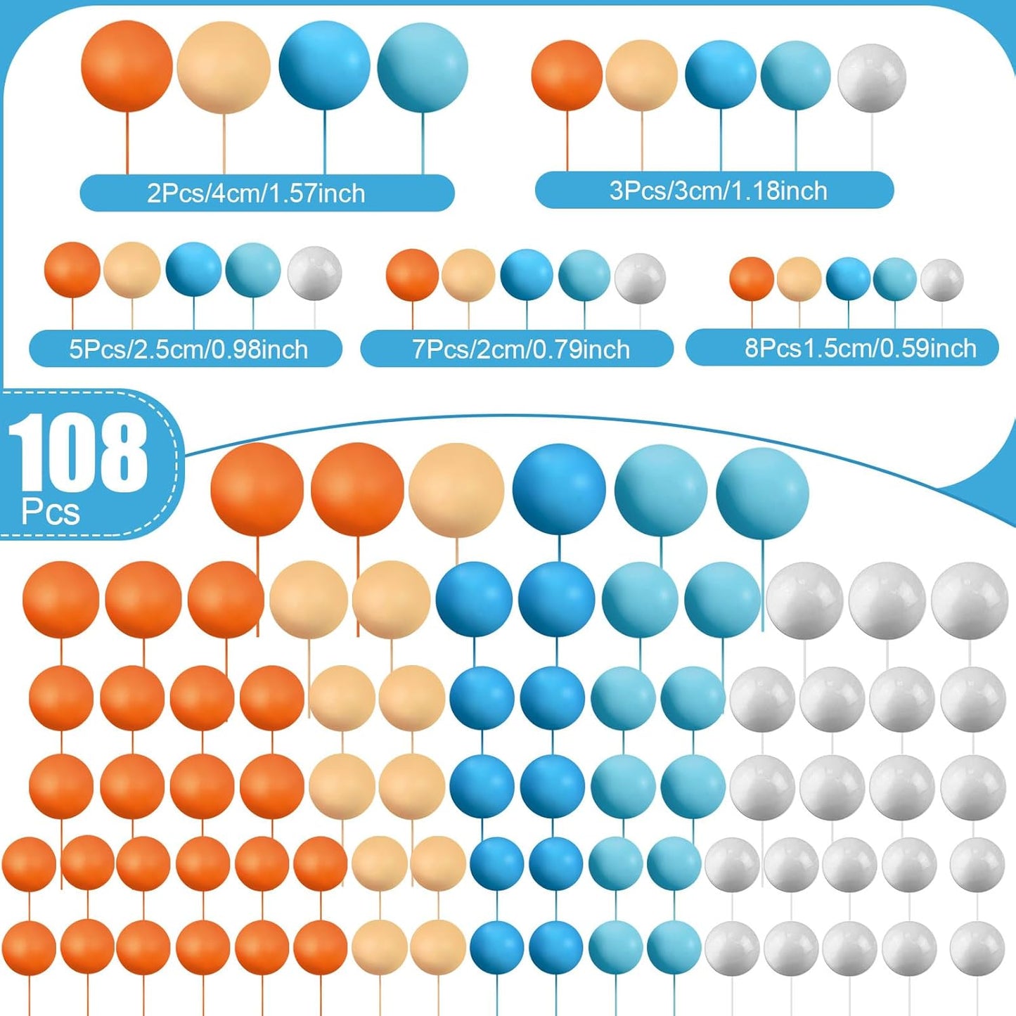 108 Pcs Balls Cake Topper DIY Cupcake Insert Foam Balloons for Cake Baking Wedding Anniversary Birthday Decoration(Fresh Colors,Multi Sizes)