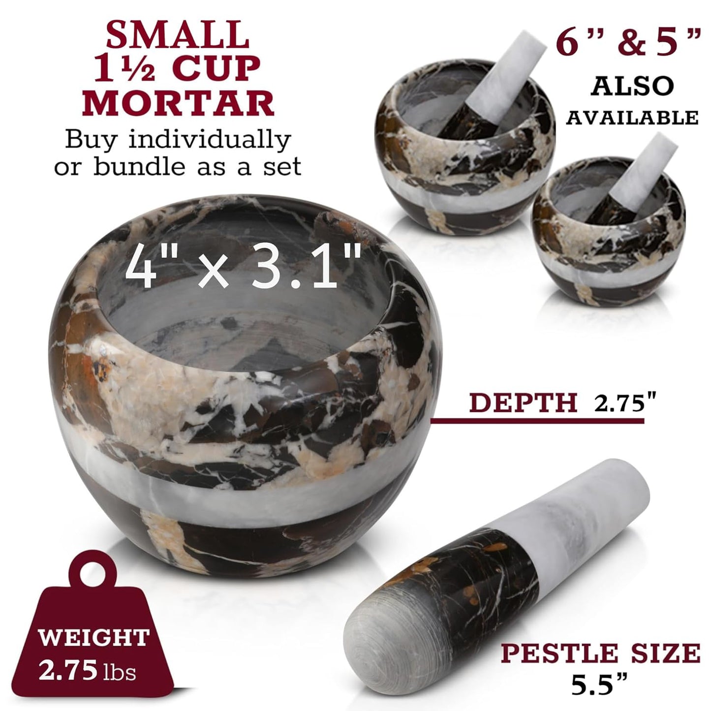 Gusto Nostro Natural Marble Mortar and Pestle Set Small| 4 Inch - 1.5 Cup | Mini Mortar Pestle Set for Grinding Herbs, Nuts, Grains | Pesto Grinding and Guacamole Stone Bowl | Marble Spice Crusher