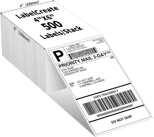 4x6 Thermal Labels for Shipping Label Printer, 500 Fanfold Shipping Package Labels, Perforated White Mailing Label, Commercial Grade, Fully Compatible with POLONO, MUNBYN Thermal Printer