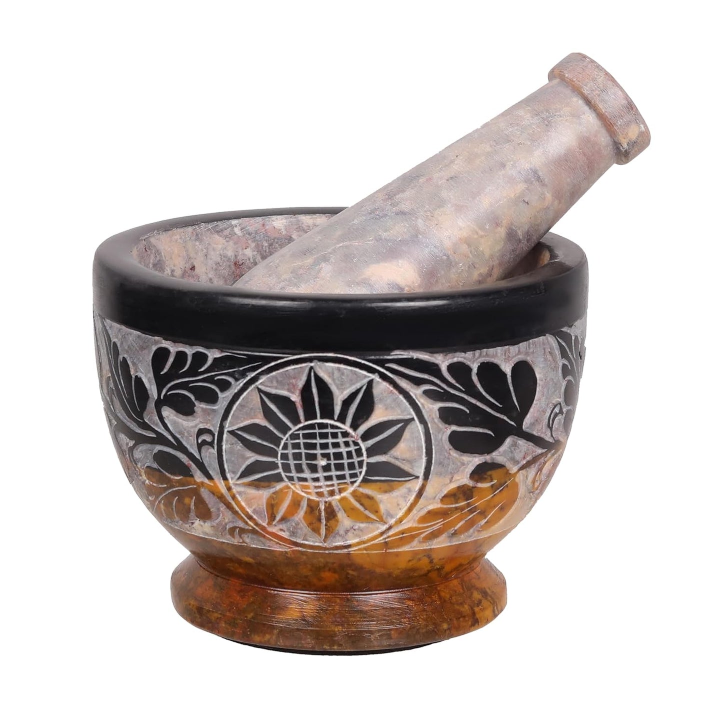 Mortar and Pestle, Made of Heavy Duty Polished Hard Stone, Natural Stone Grinder for Spices, Pastes, Herbs, Seasoning etc. (Black & Yellow)
