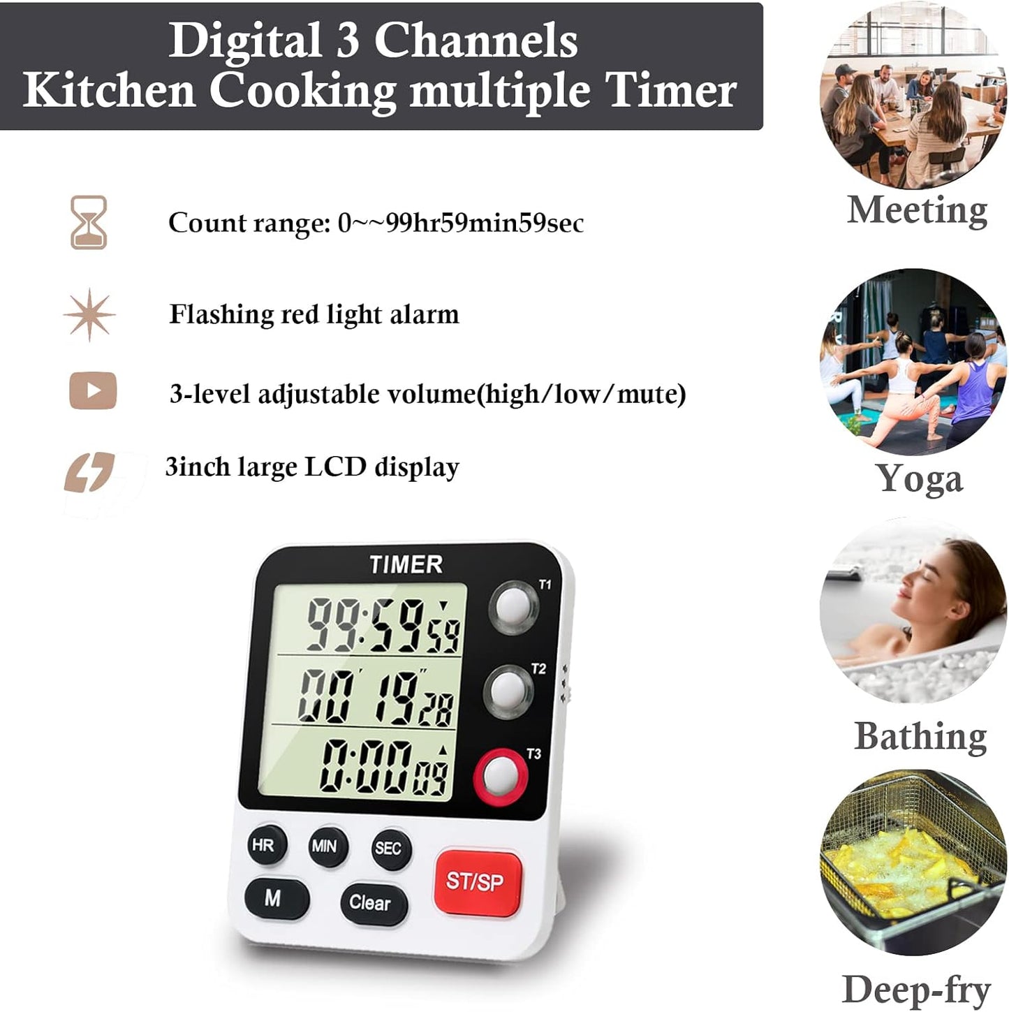 Digital 3 Channels Kitchen Cooking Multiple Timer with Large LCD Count Up Down Stopwatch ON Off Switch Timer for Teaching Reading 3-Level Adjustable Volume with Magnetic Back (Style C)