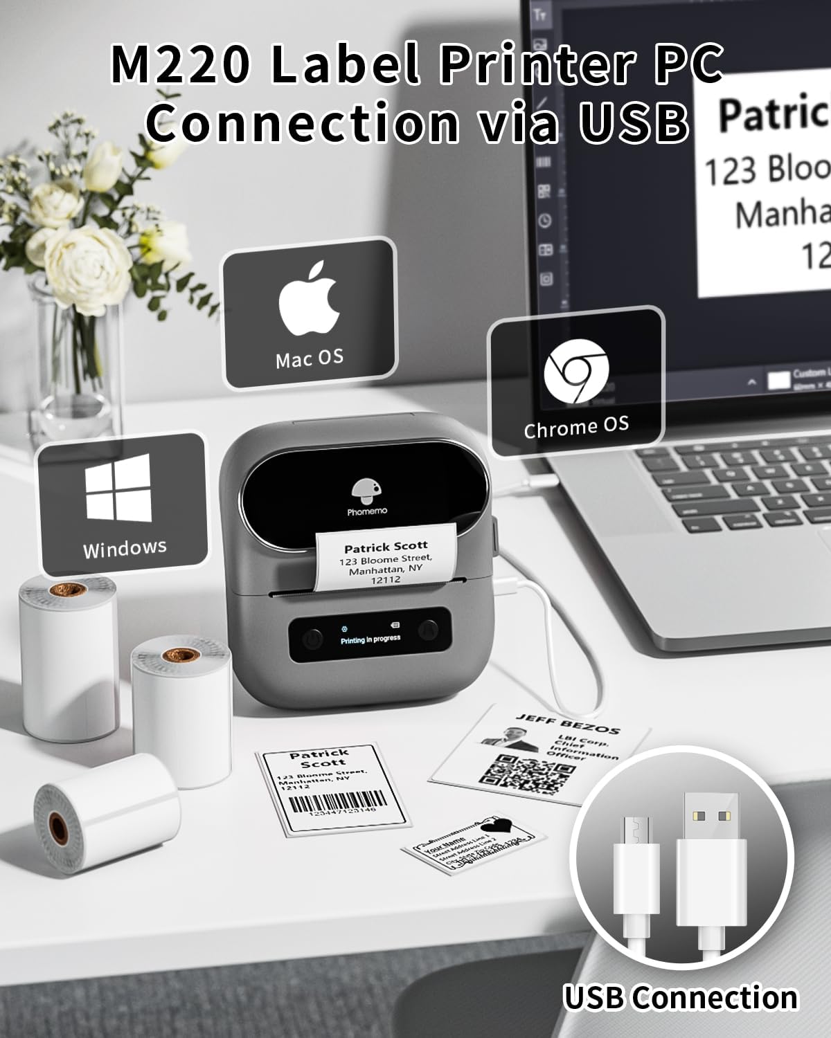 Phomemo Label Printer, M220 Thermal Bluetooth Barcode Label Maker, for Home, Office, School, Compatible with Phone & Laptop