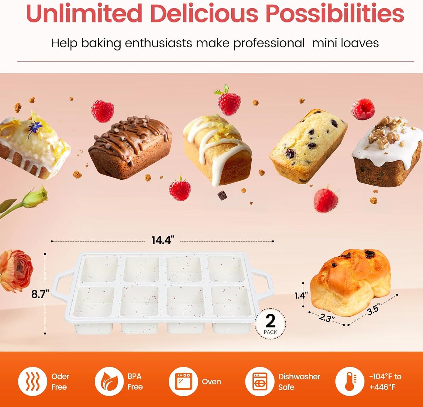 SJ Silicone Mini Loaf Pans with Metal Reinforced Frame-2 Pack, Non-stick Silicone Mini Bread Loaf Pans for Baking 8-Cavity, Tiny Banana Bread Set, Dishwasher Safe Brownie Pan-Cream