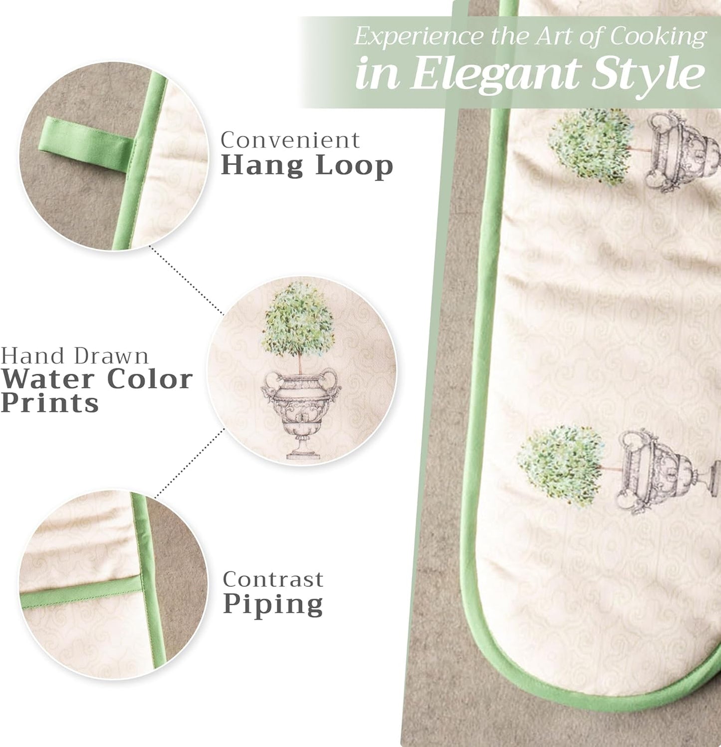 Maison d' Hermine Double Oven Mitts 100% Cotton 7"x35" Double Oven Mitt Heat Resistant BBQ Cooking Gloves with Loop, Baking, Grilling, Home, Kitchen, Handling Hot Pans Spring Summer (Jardin Du Roy)