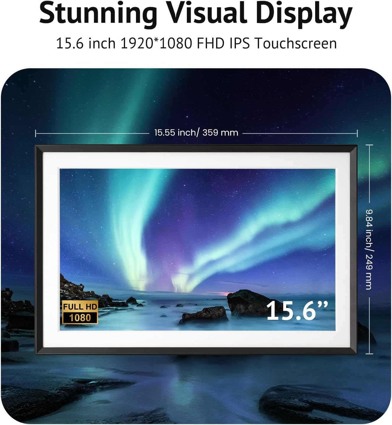 15.6'' Digital Picture Frame with 1920x1080 IPS Touch Screen, Smart Digital Photo Frame with 32GB Storage, Easy Setup to Share Photos/Videos via Free App
